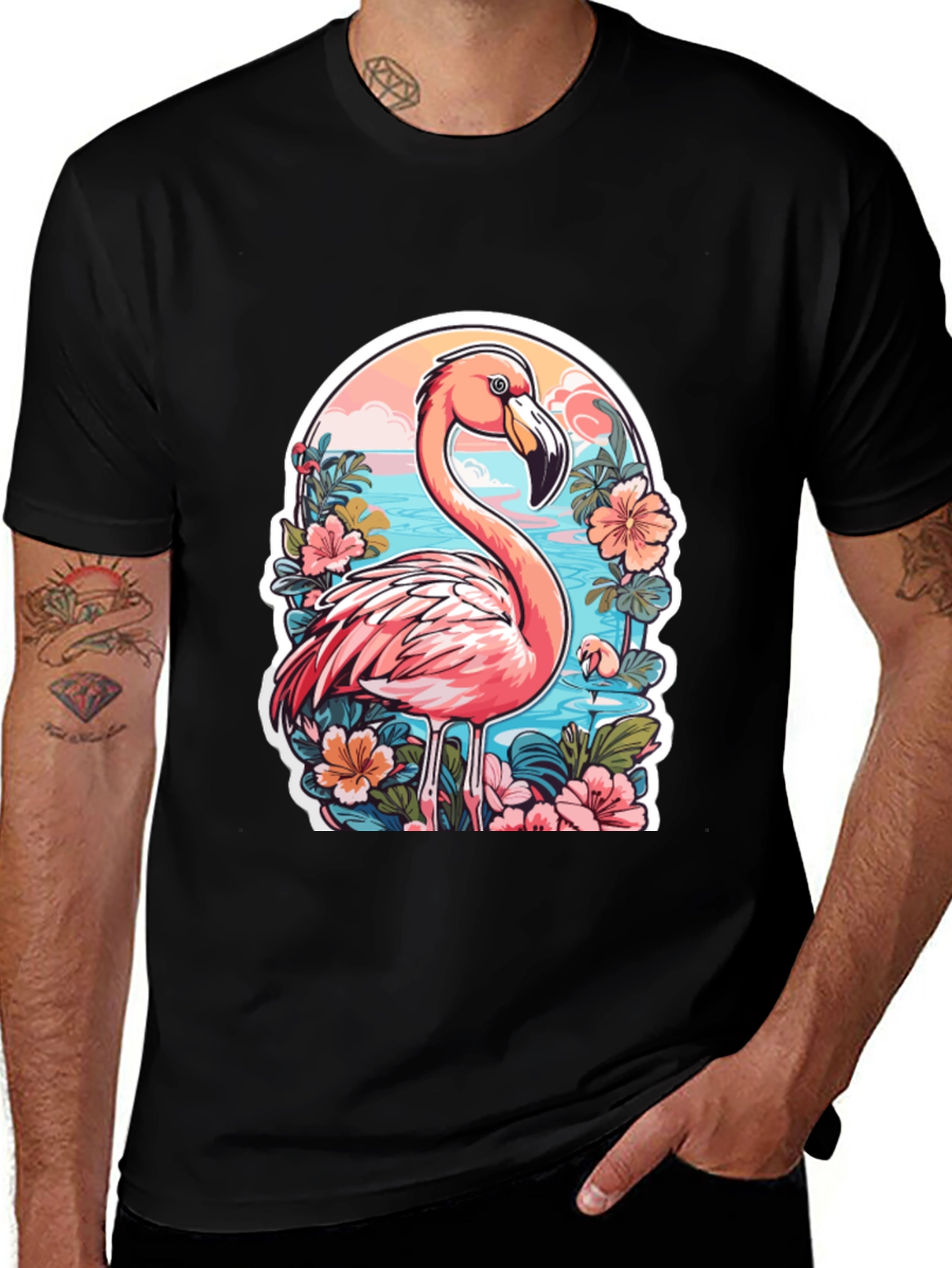 Tropical Flamingo T-Shirt - Black Cotton Blend Tee