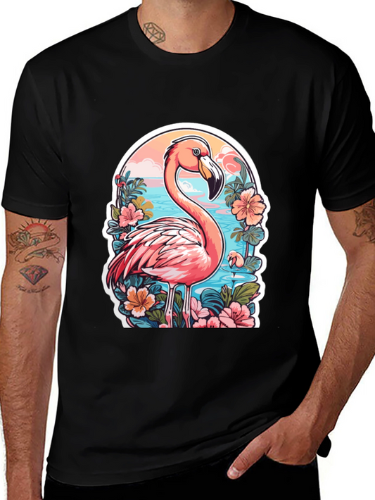 Tropical Flamingo T-Shirt - Black Cotton Blend Tee