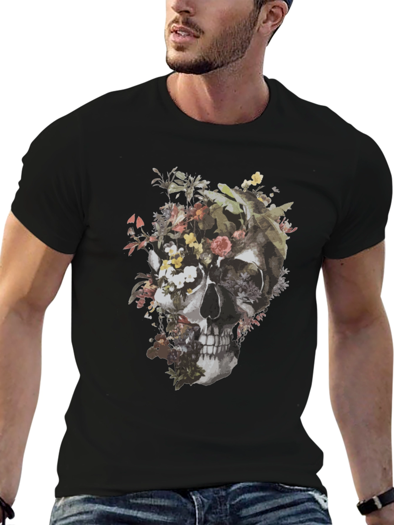 Floral Skull Graphic Black T-Shirt