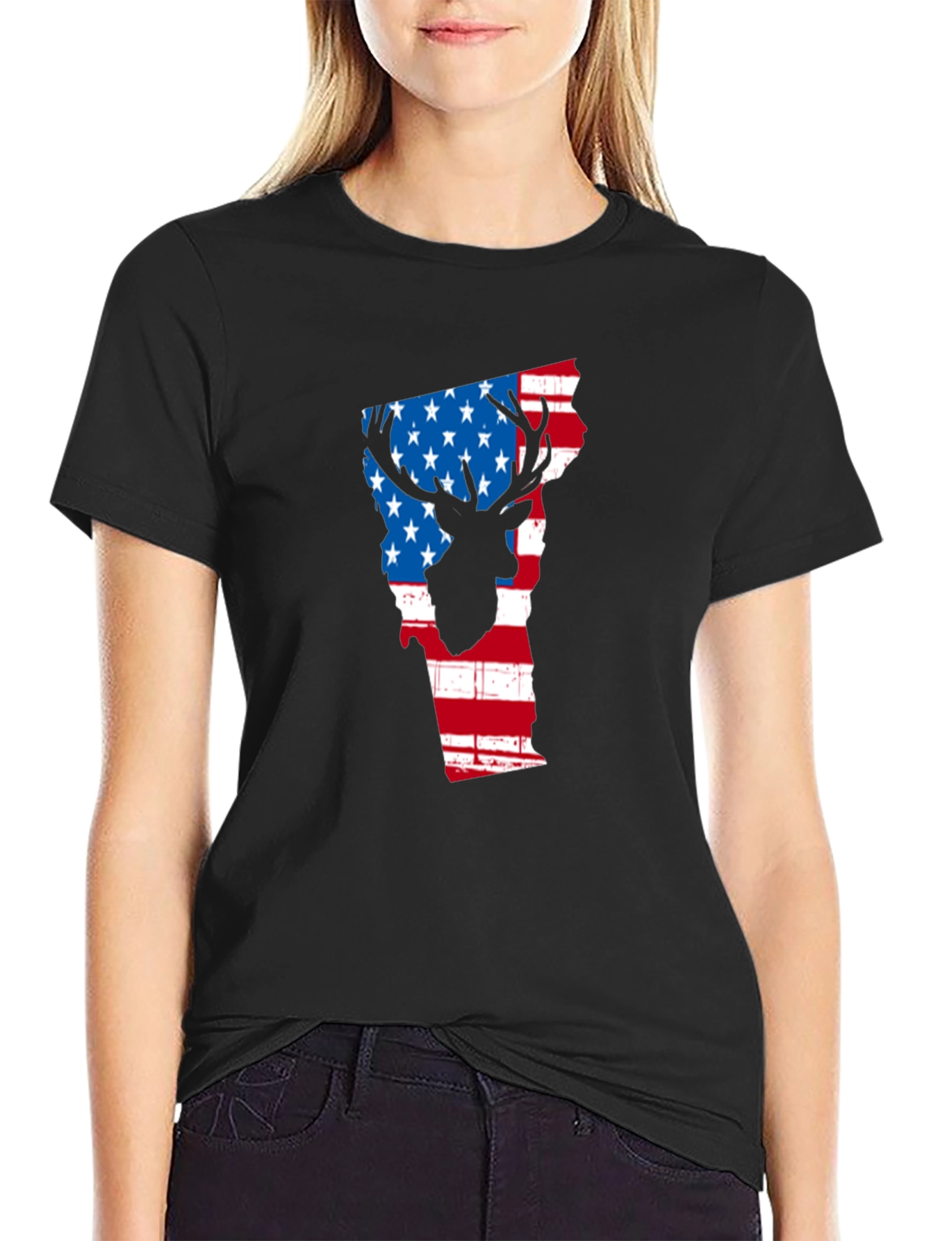 American Flag Deer Silhouette Vermont State Outline T-Shirt