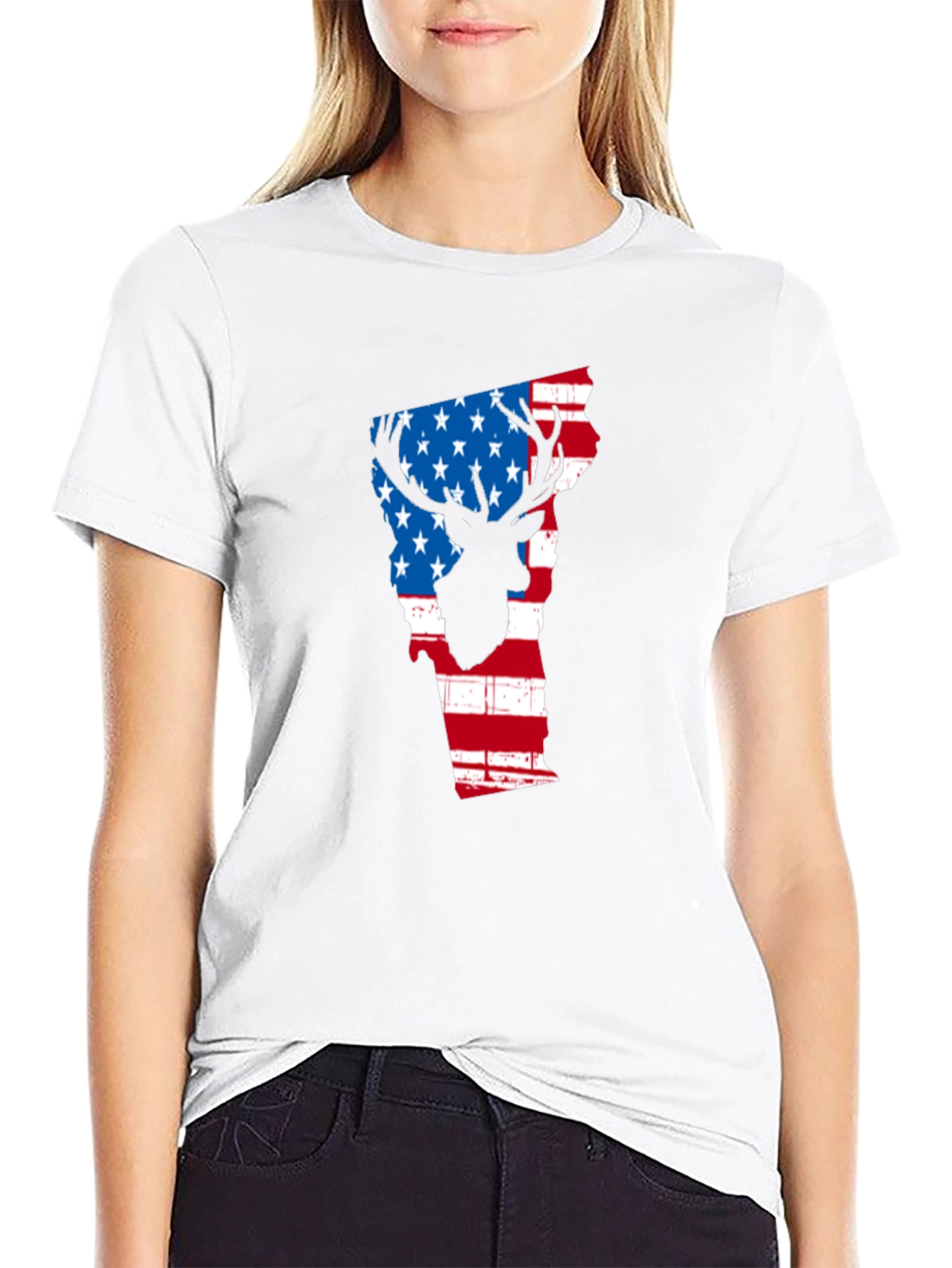 American Flag Deer Silhouette Vermont State Outline T-Shirt