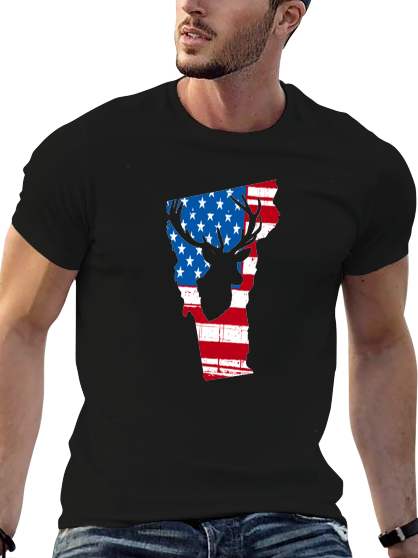 American Flag Deer Silhouette Vermont State Outline T-Shirt