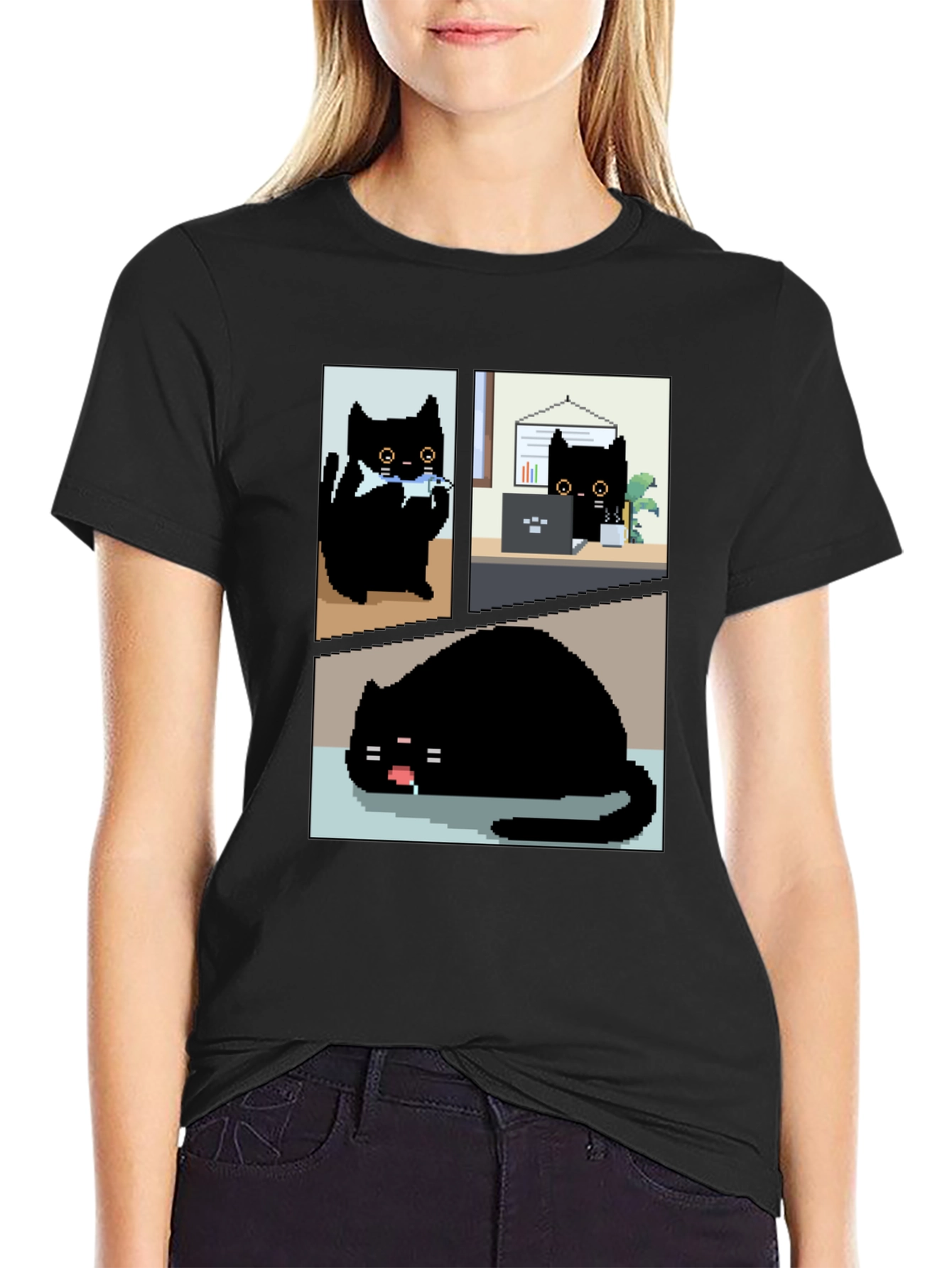 Pixel Black Cat T-Shirt - Cute & Funny