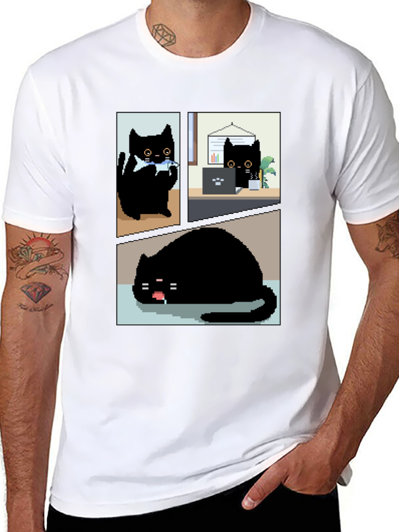 Pixel Black Cat T-Shirt - Cute & Funny