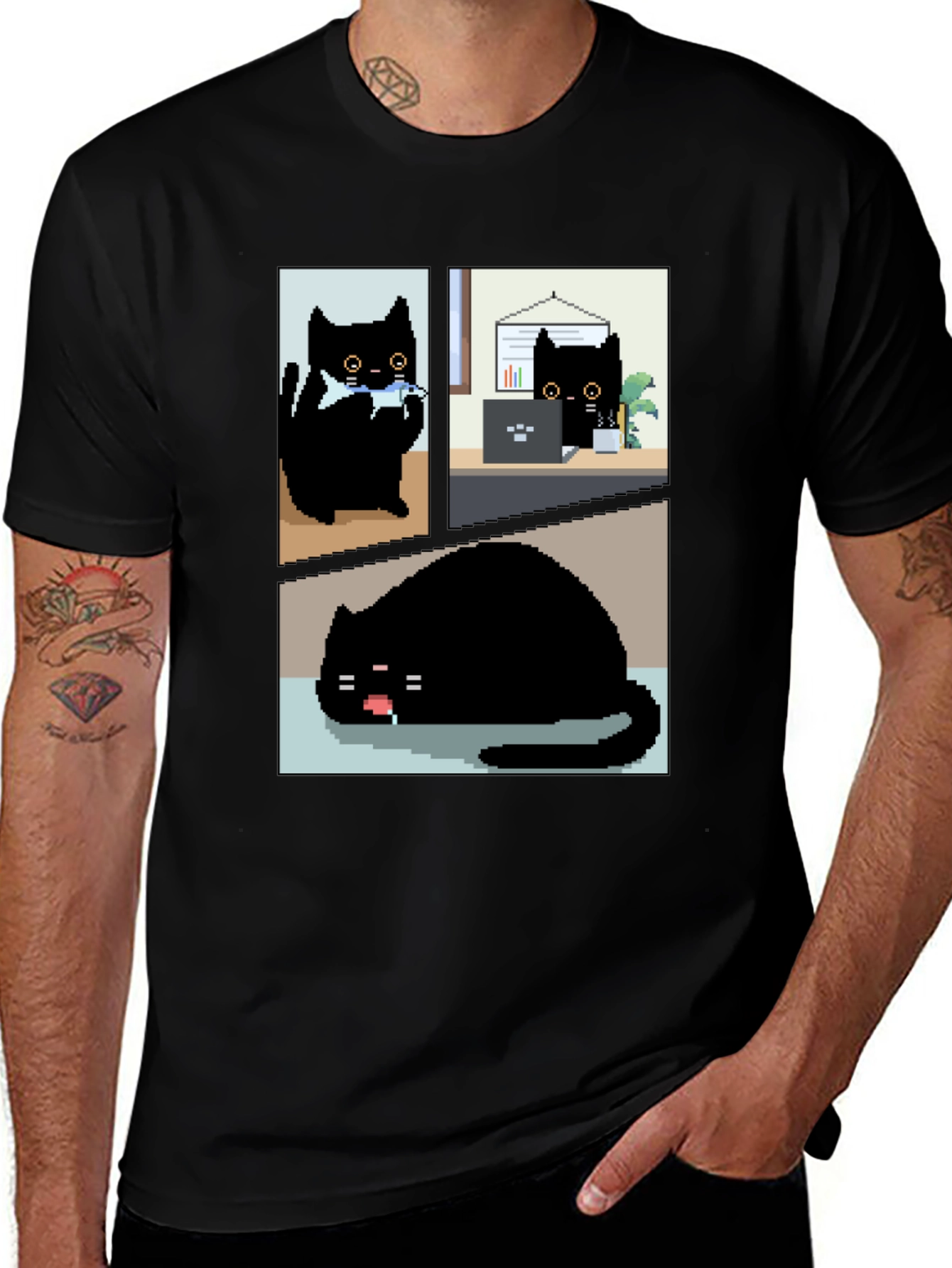 Pixel Black Cat T-Shirt - Cute & Funny