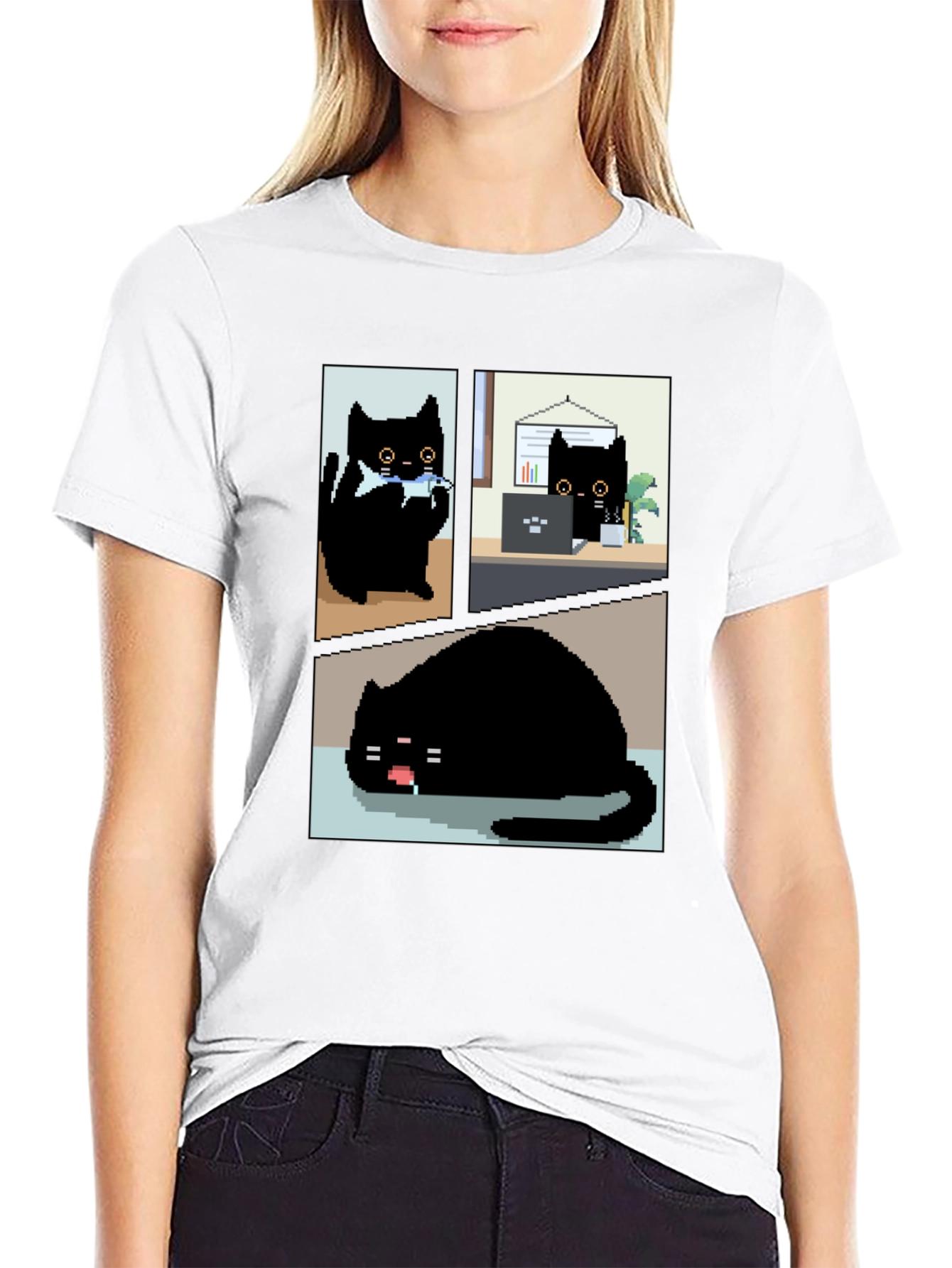 Pixel Black Cat T-Shirt - Cute & Funny