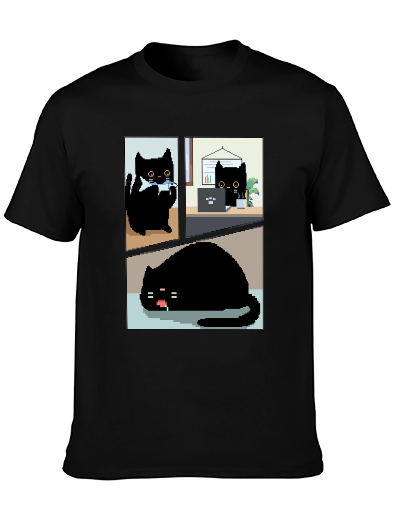 Pixel Black Cat T-Shirt - Cute & Funny