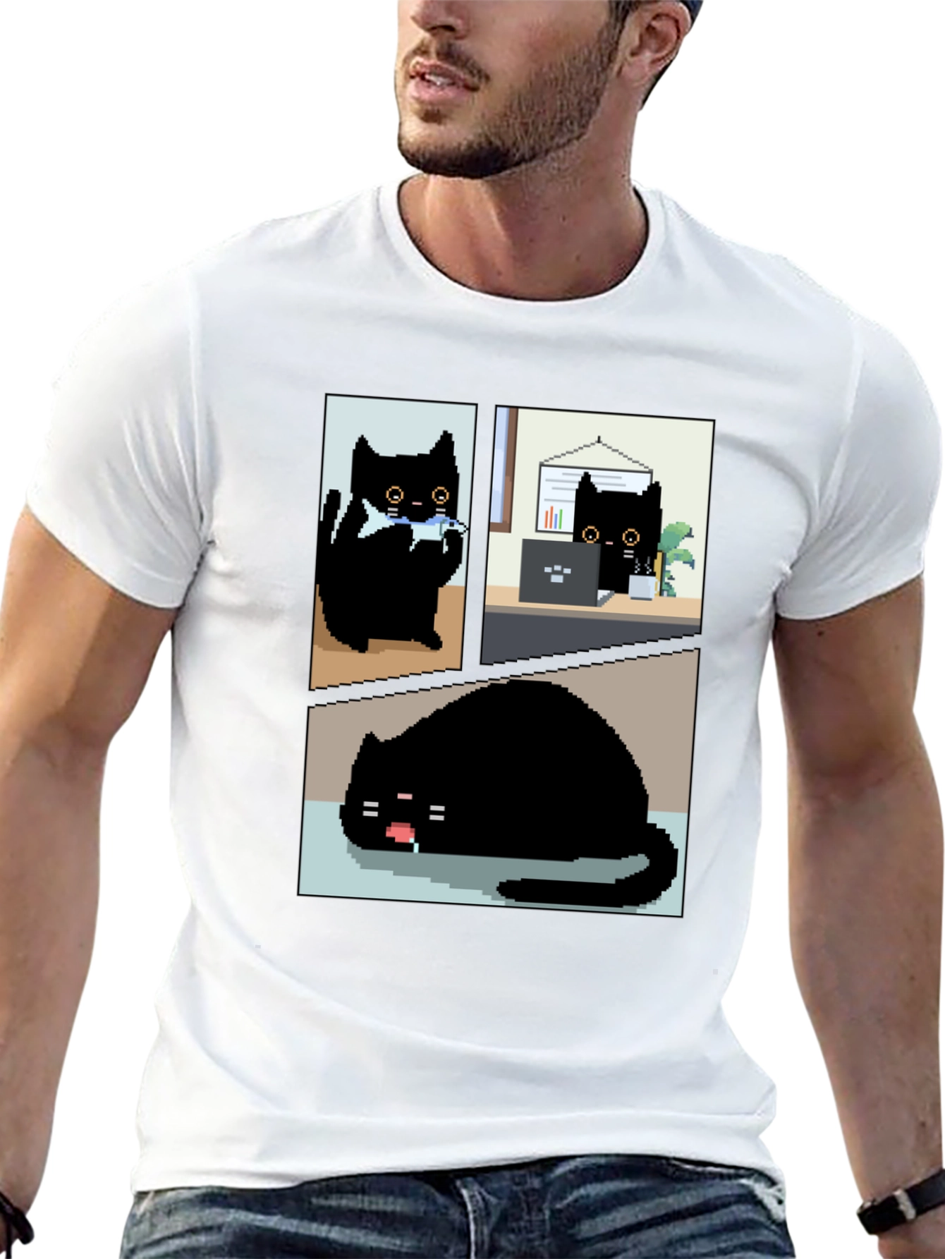 Pixel Black Cat T-Shirt - Cute & Funny