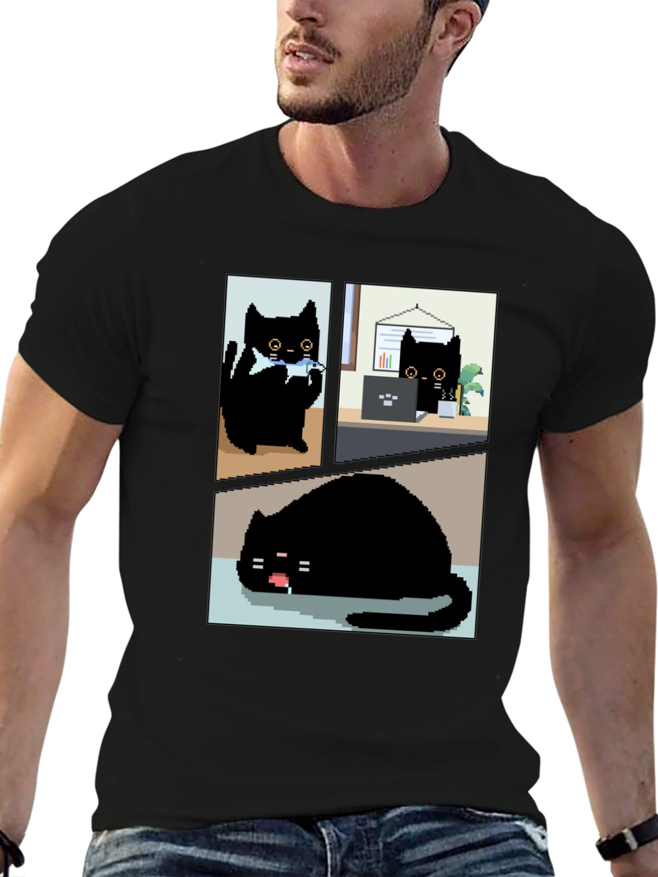 Pixel Black Cat T-Shirt - Cute & Funny