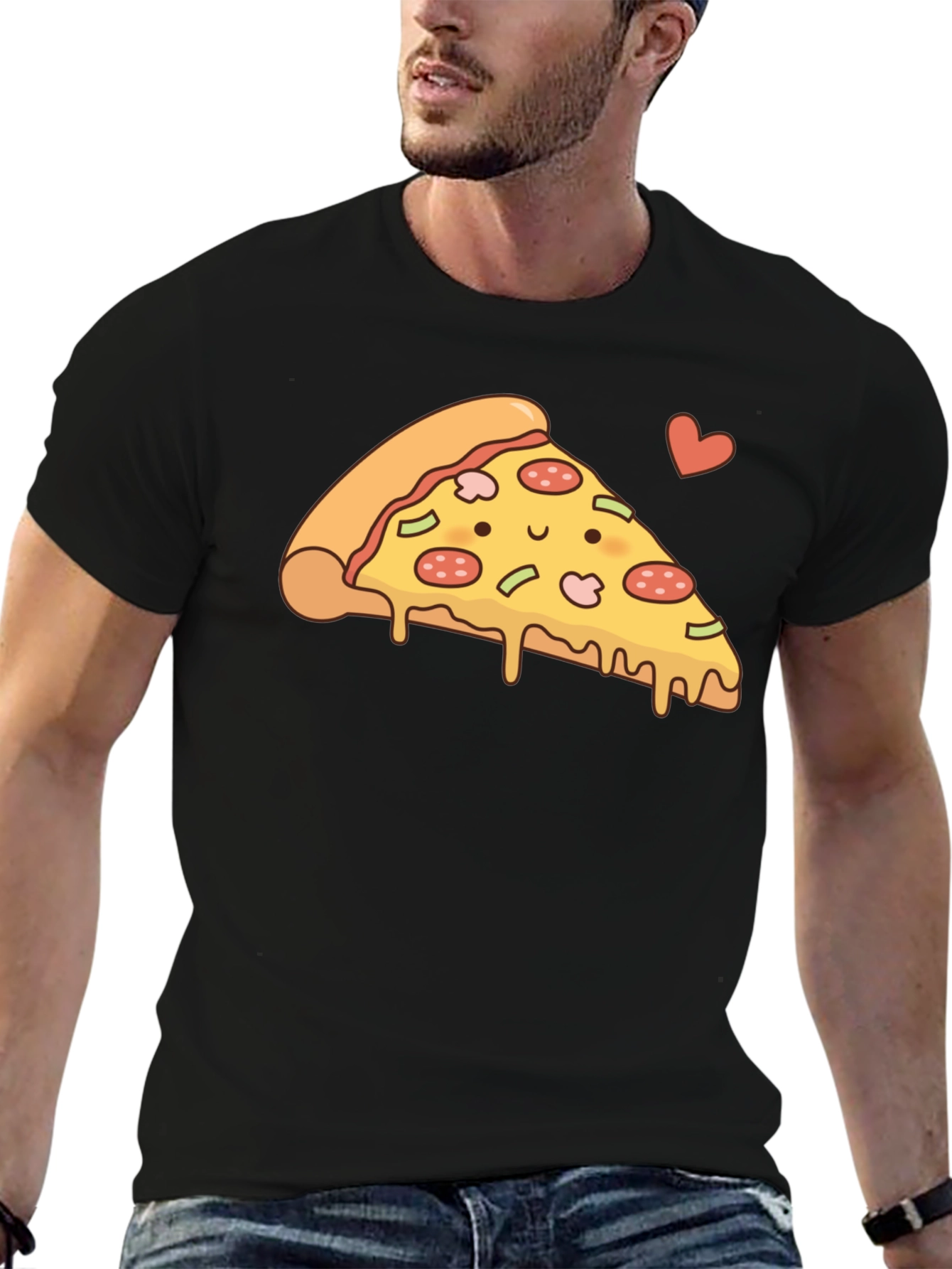Cute Pizza Slice Graphic T-Shirt - Black