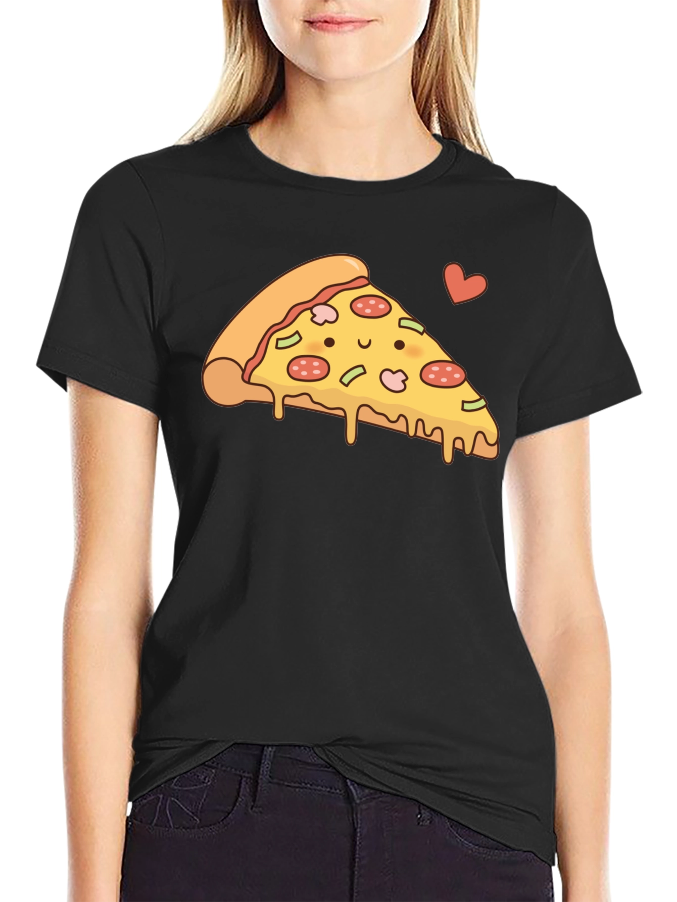 Cute Pizza Slice Graphic T-Shirt - Black
