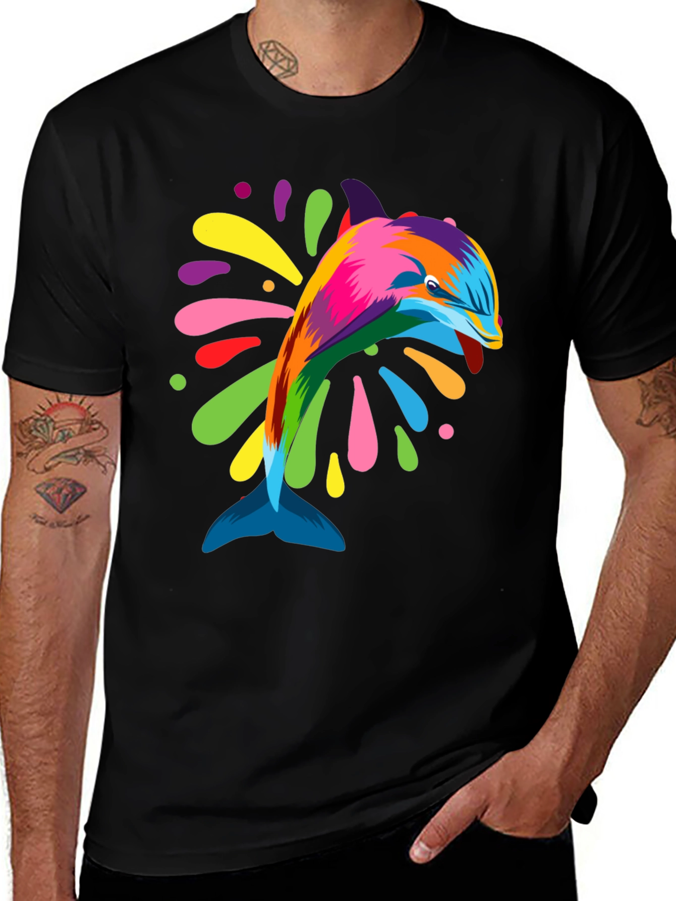 Vibrant Dolphin Graphic Tee - Black