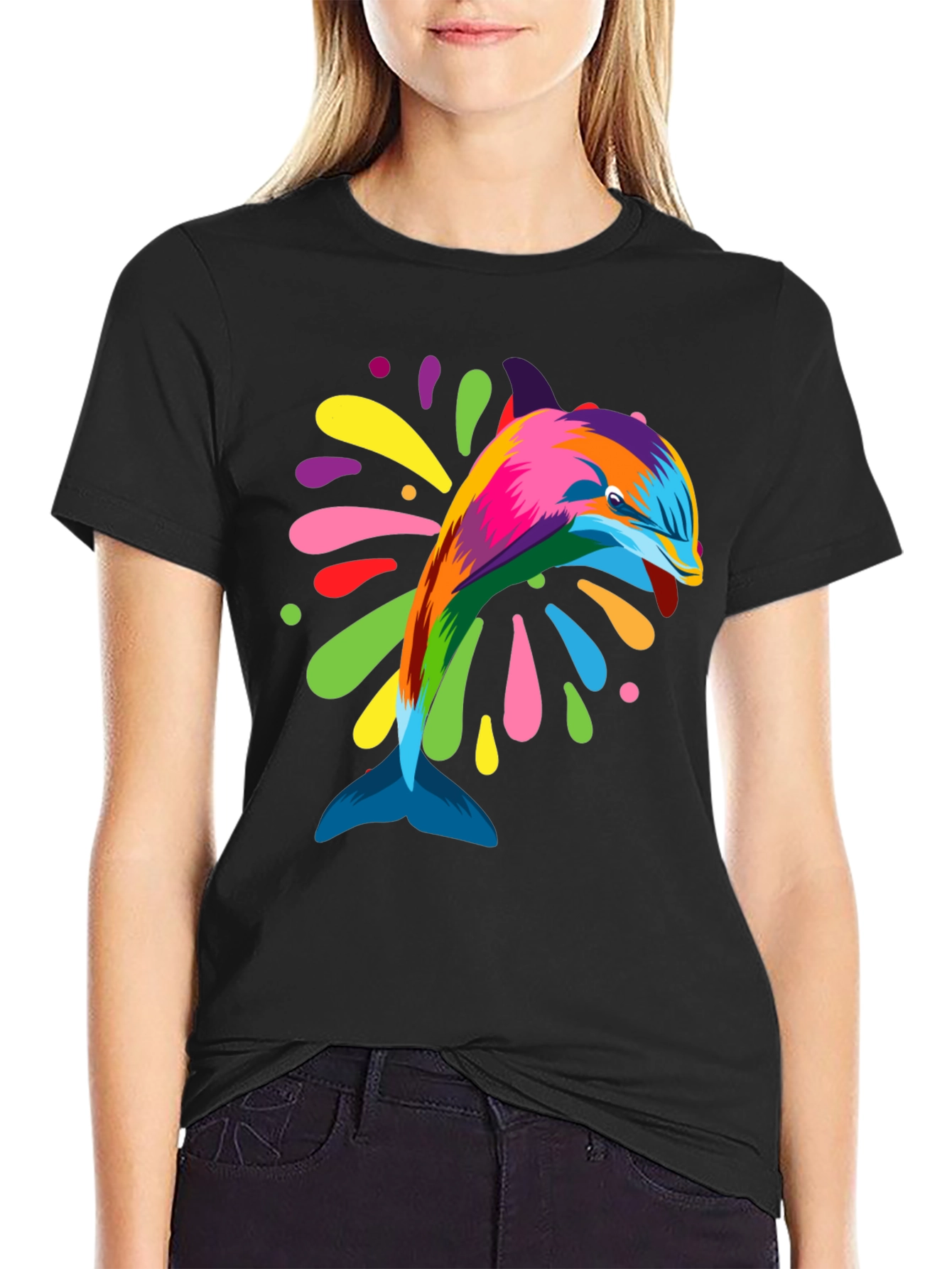 Vibrant Dolphin Graphic Tee - Black