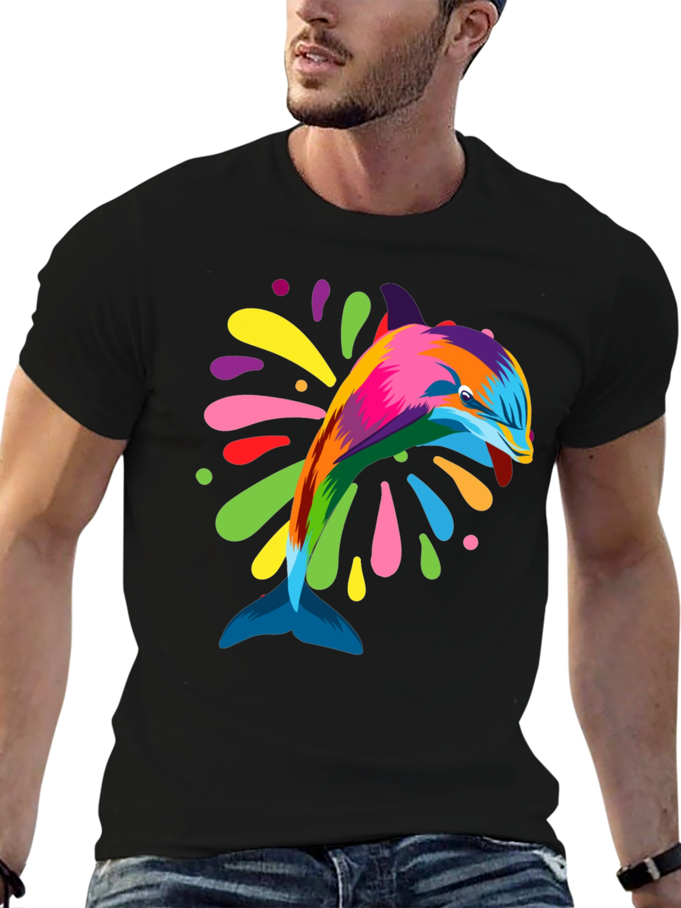 Vibrant Dolphin Graphic Tee - Black