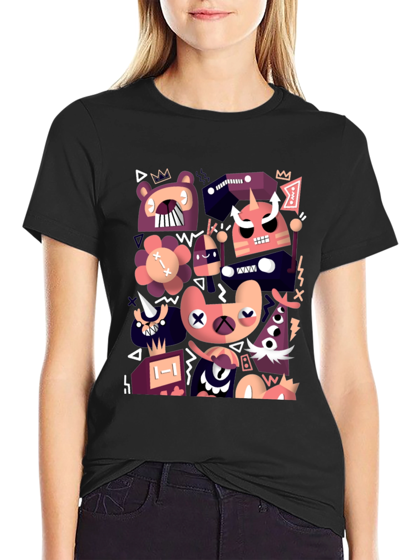 Abstract Cartoon Character Black T-Shirt