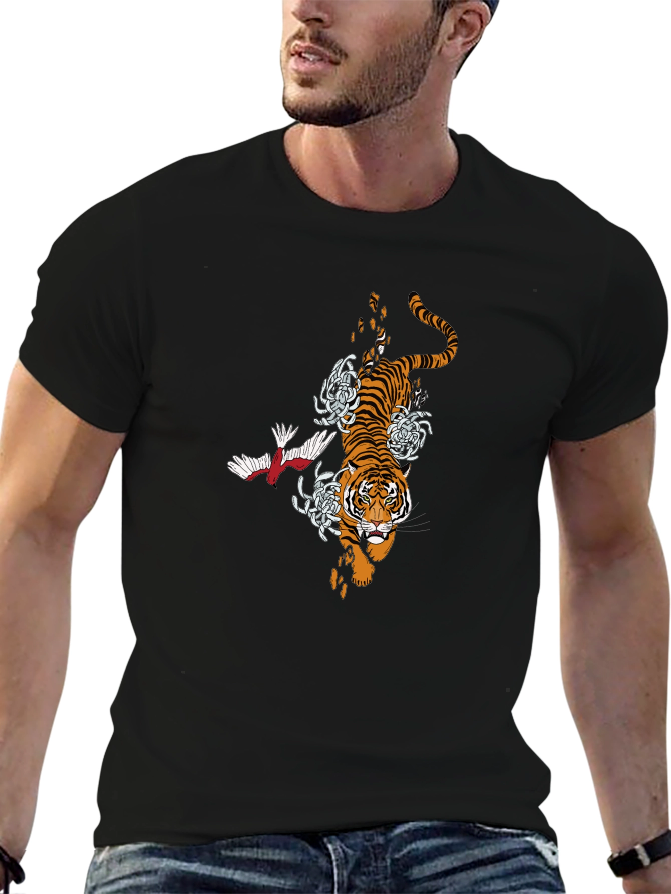 Tiger & Crane Graphic Black T-Shirt - Unique Print