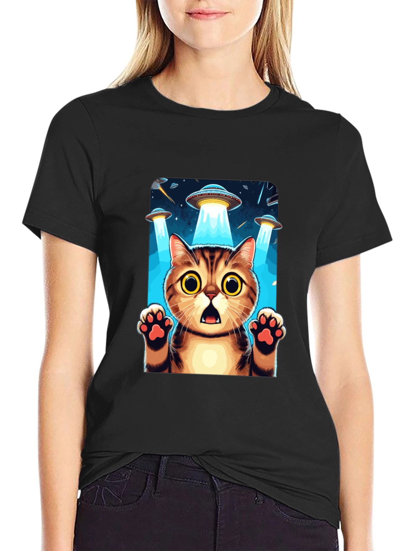 UFO Cat Abduction Graphic T-Shirt