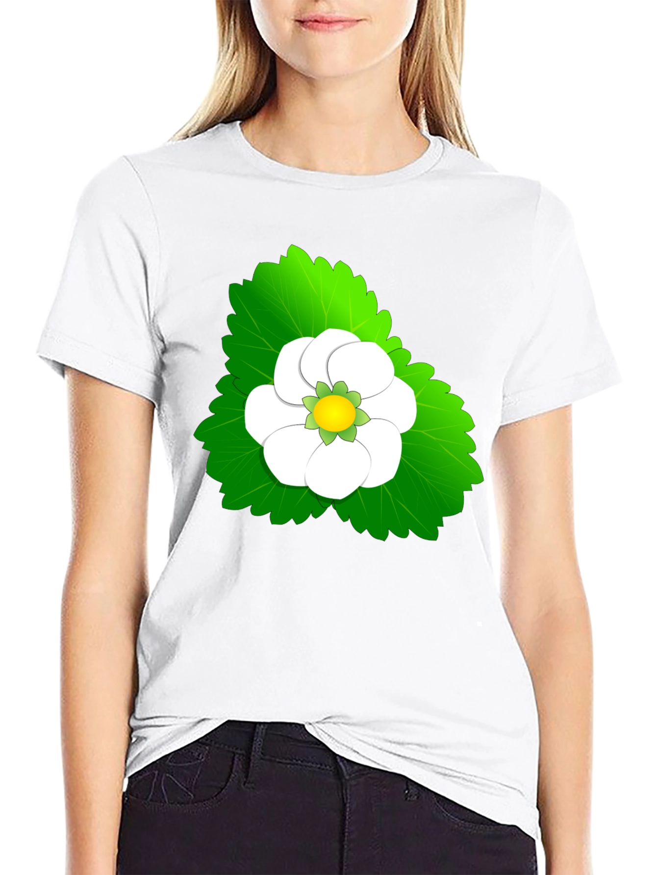 Black Tee with Floral Leaf Design
