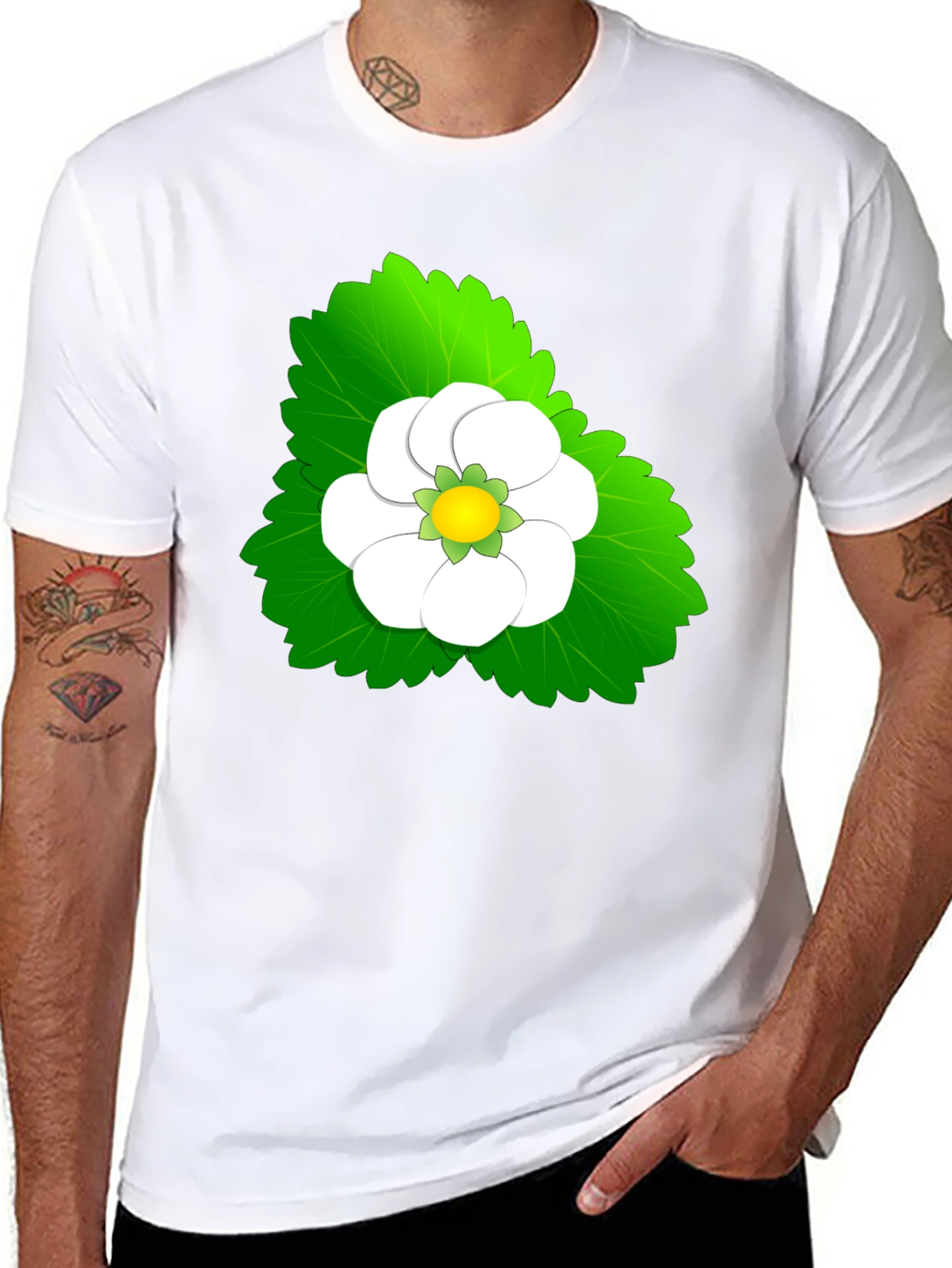Black Tee with Floral Leaf Design