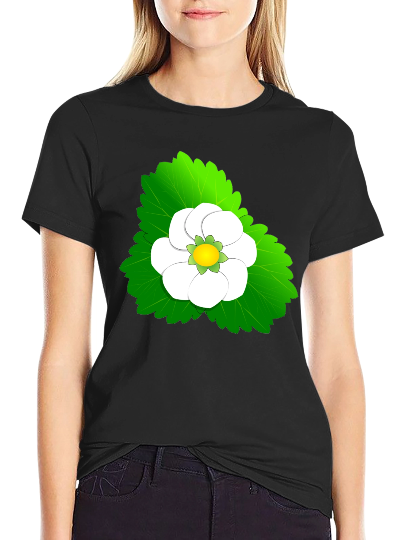 Black Tee with Floral Leaf Design