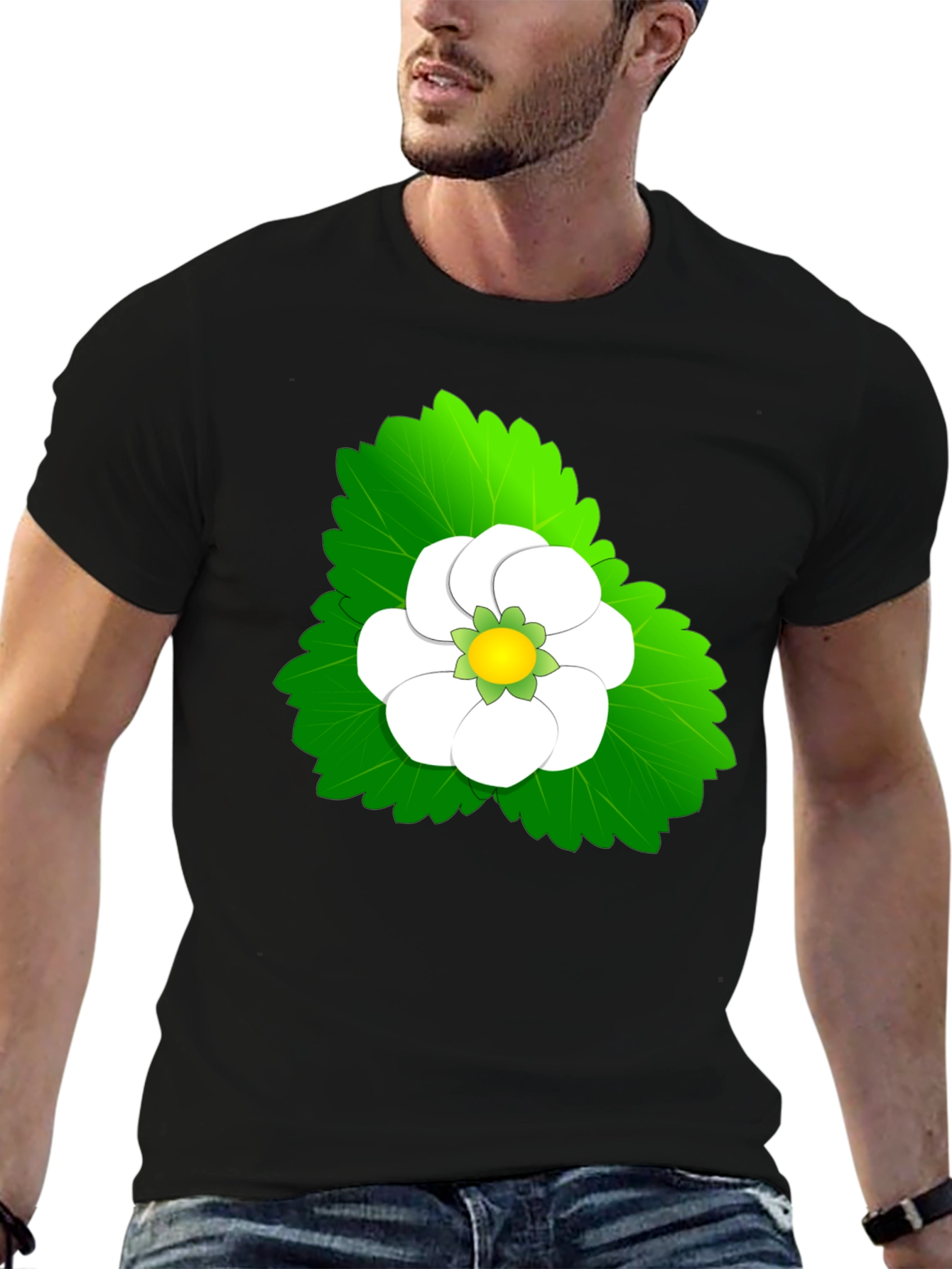 Black Tee with Floral Leaf Design