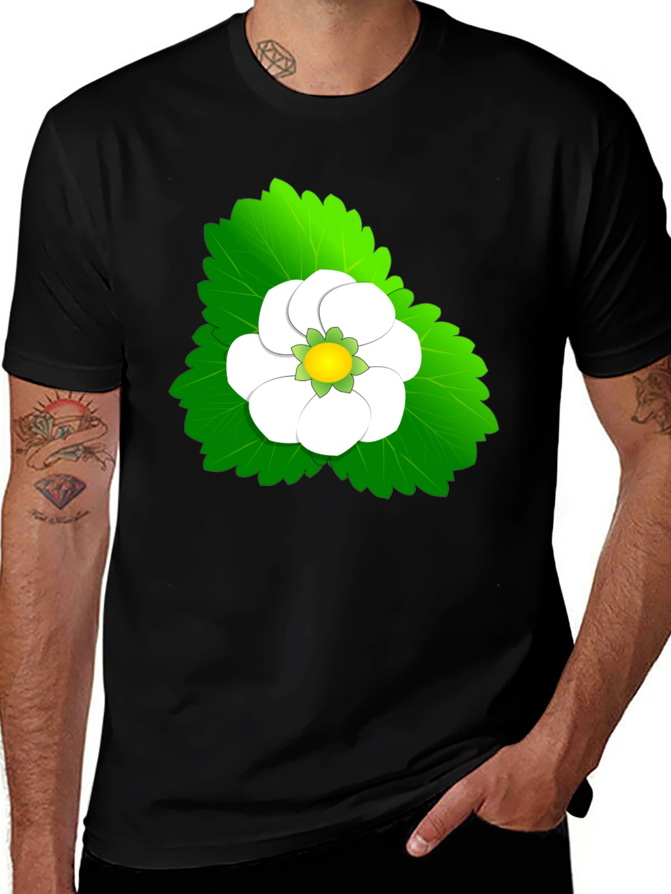 Black Tee with Floral Leaf Design