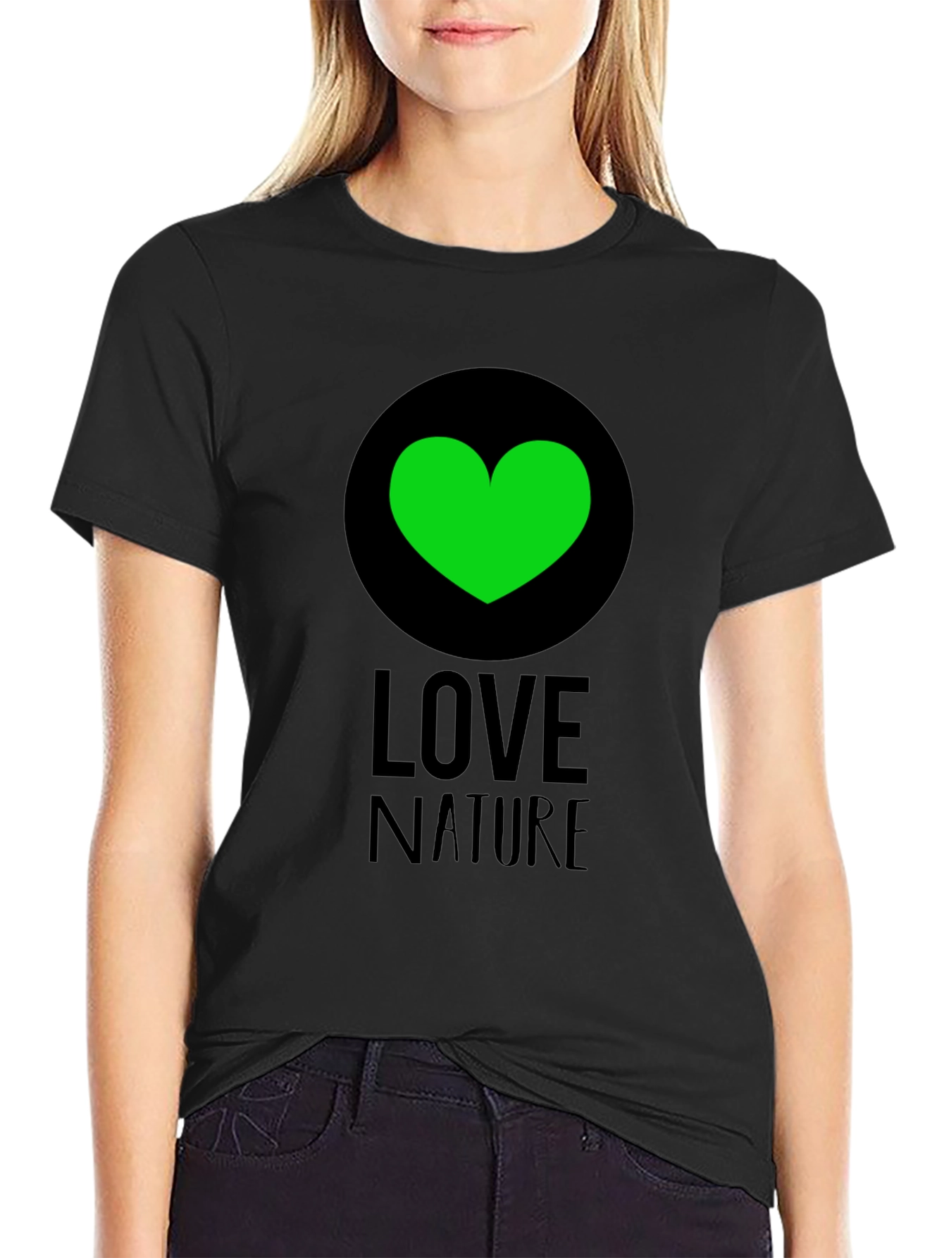 Love Nature Green Heart Graphic Tee - Black