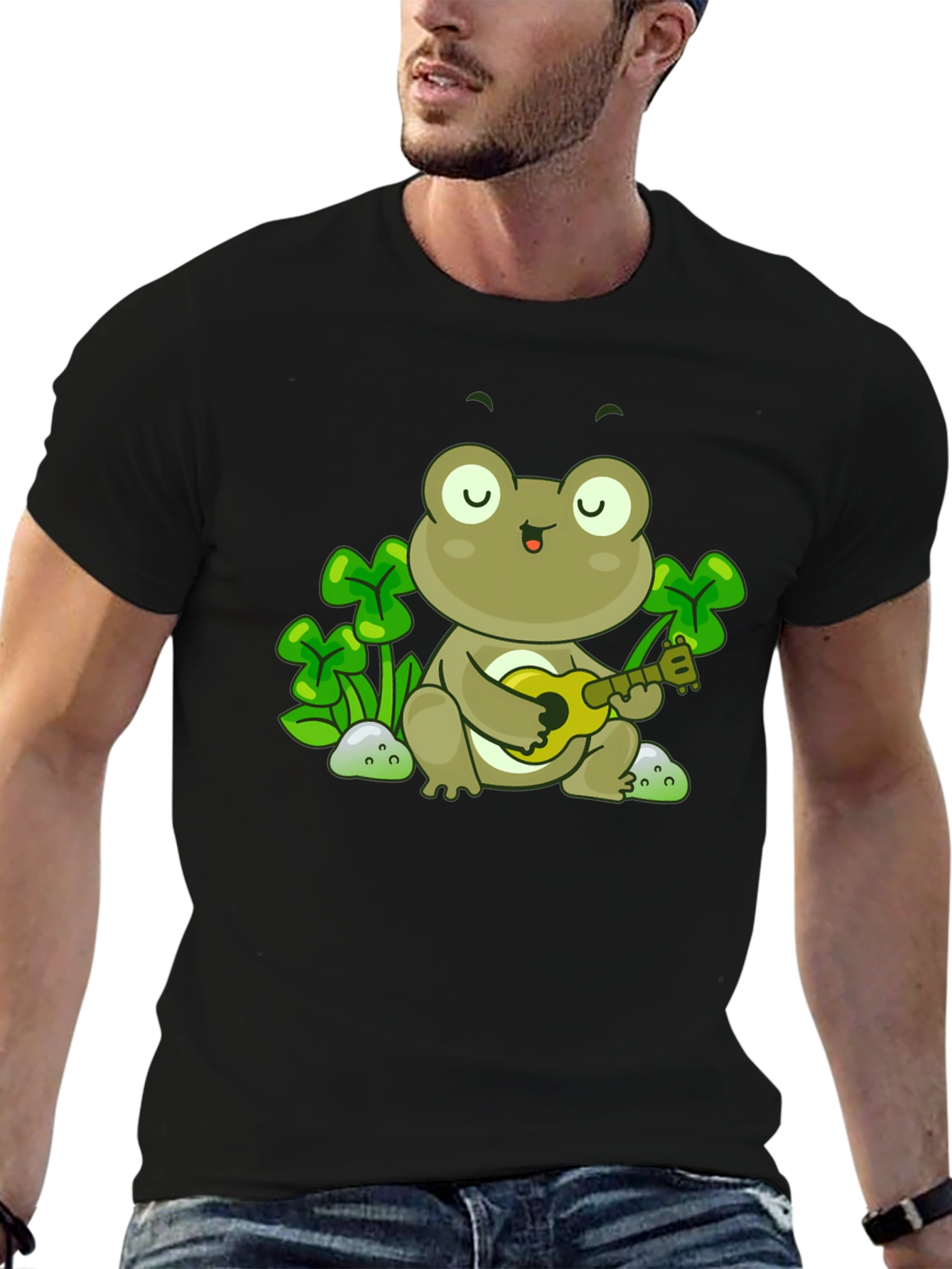 Frog Playing Ukulele Graphic Tee - Black Cotton Shirt