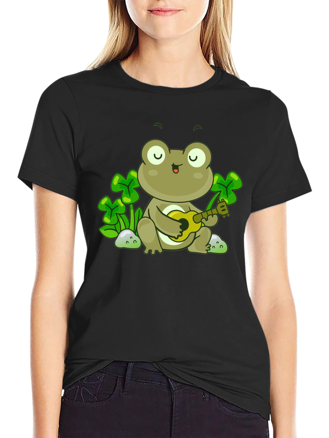 Frog Playing Ukulele Graphic Tee - Black Cotton Shirt