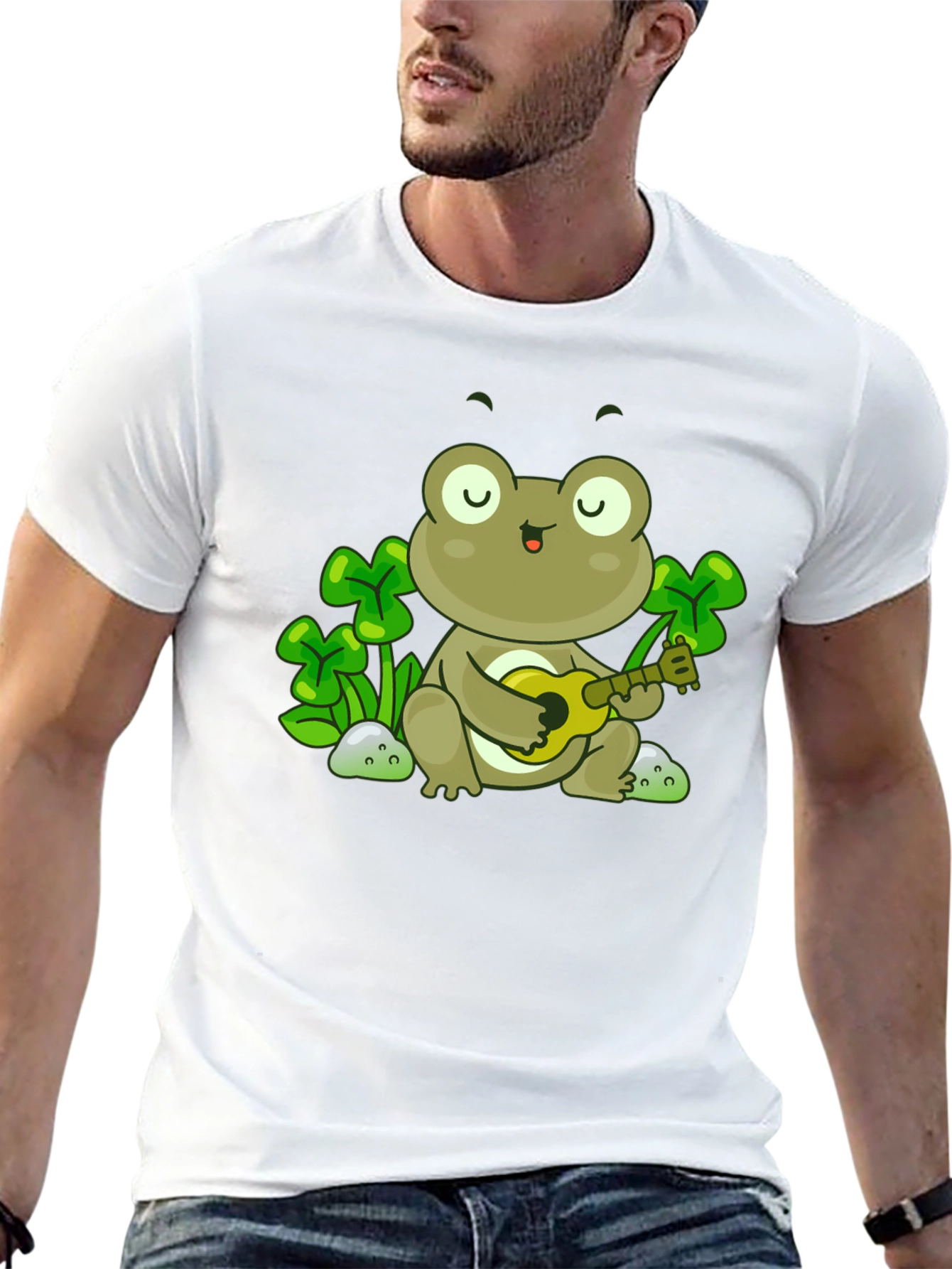 Frog Playing Ukulele Graphic Tee - Black Cotton Shirt