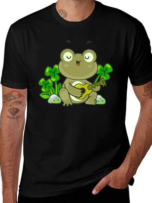 Frog Playing Ukulele Graphic Tee - Black Cotton Shirt
