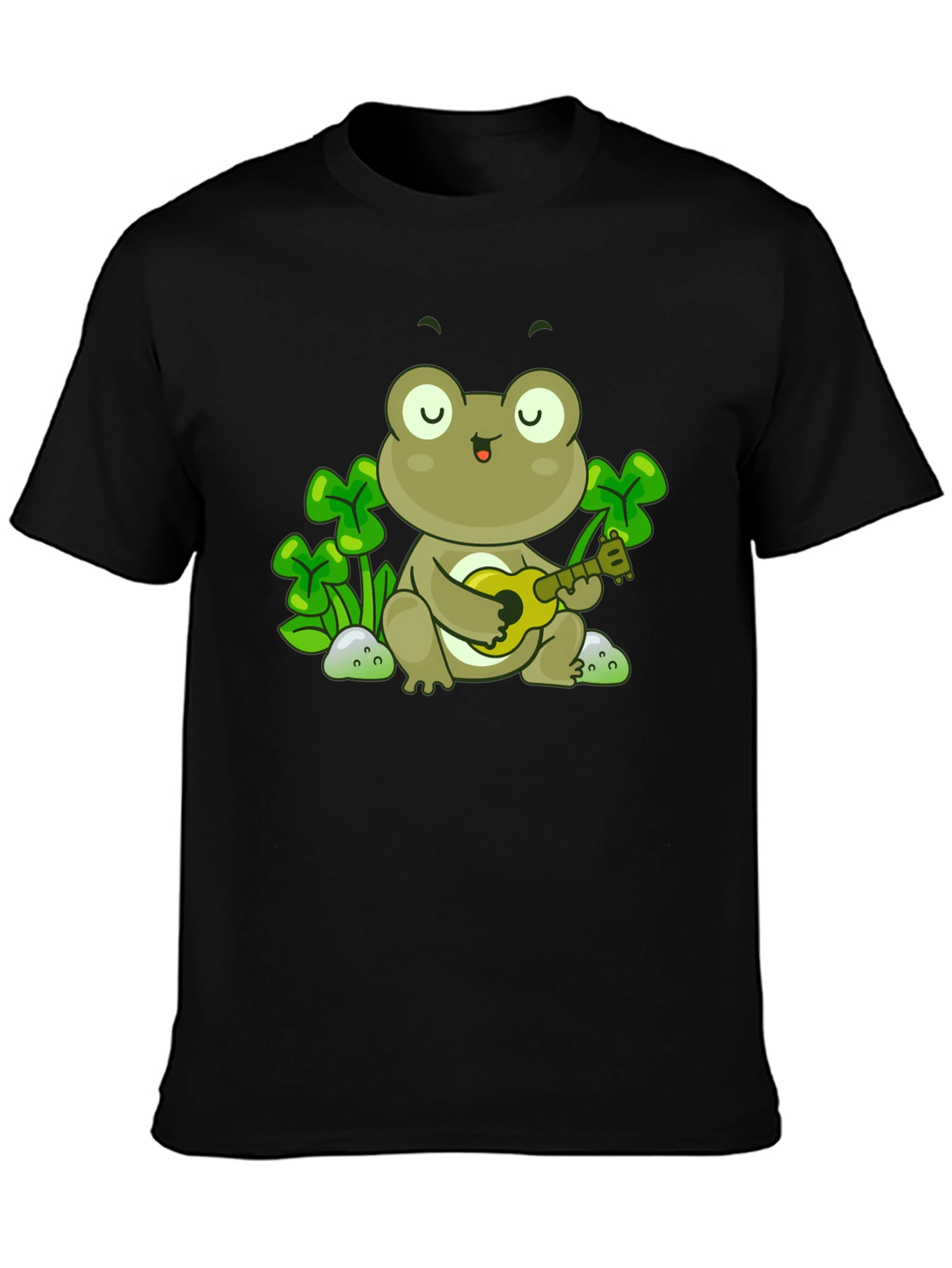 Frog Playing Ukulele Graphic Tee - Black Cotton Shirt
