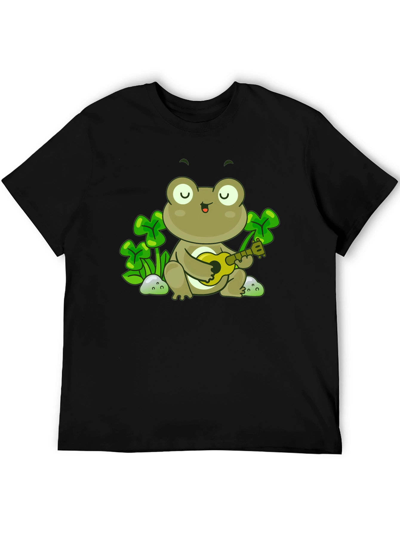 Frog Playing Ukulele Graphic Tee - Black Cotton Shirt