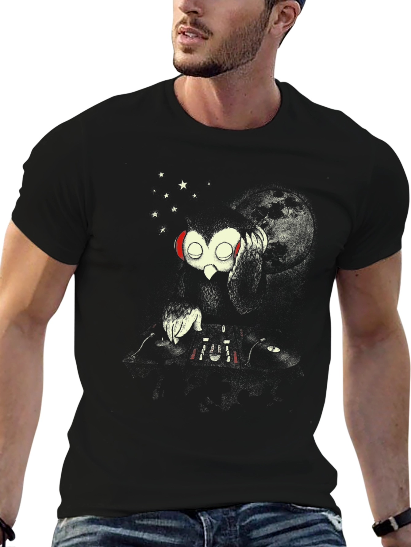 DJ Owl Graphic Tee - Black Cotton T-Shirt