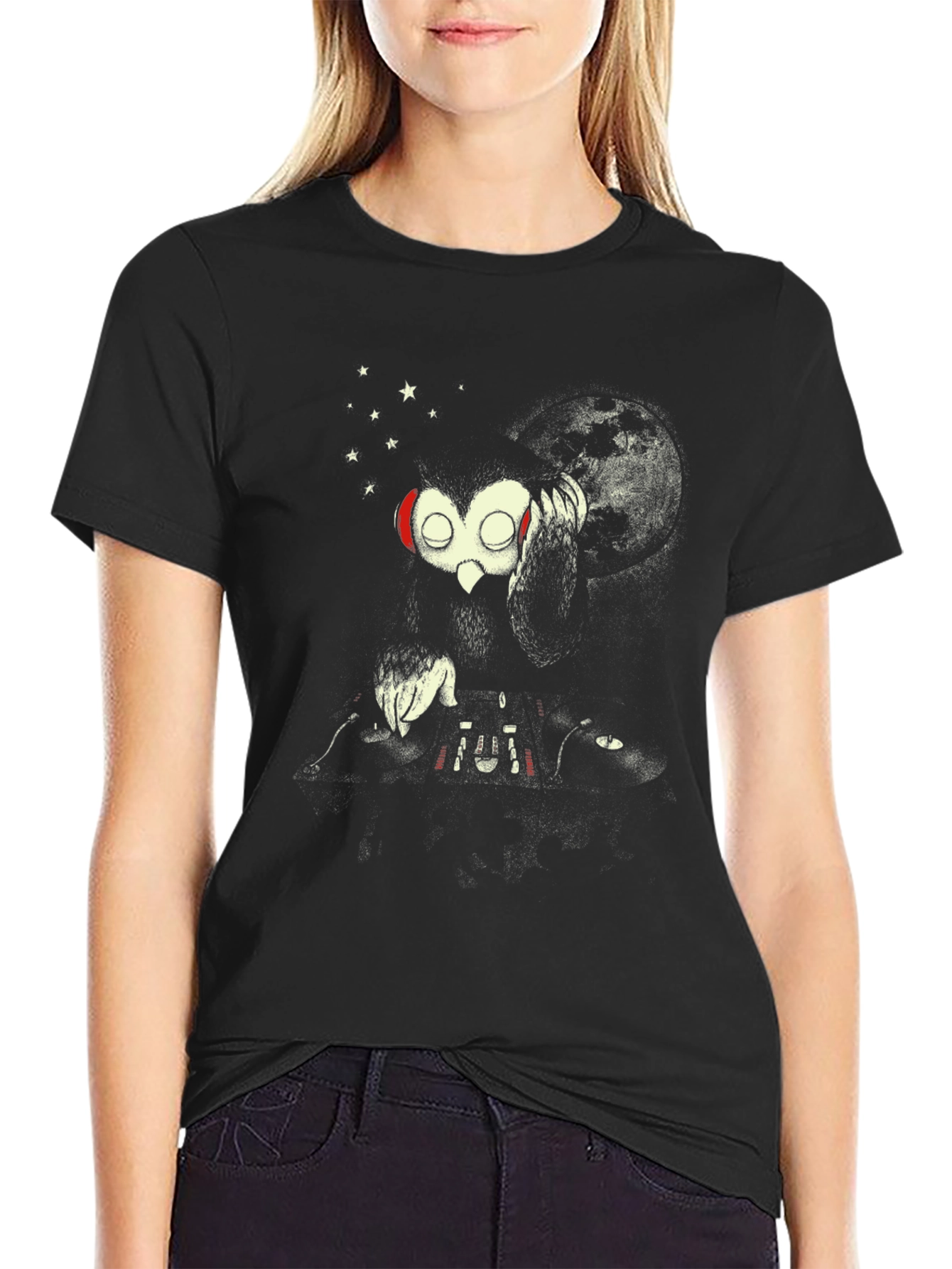 DJ Owl Graphic Tee - Black Cotton T-Shirt