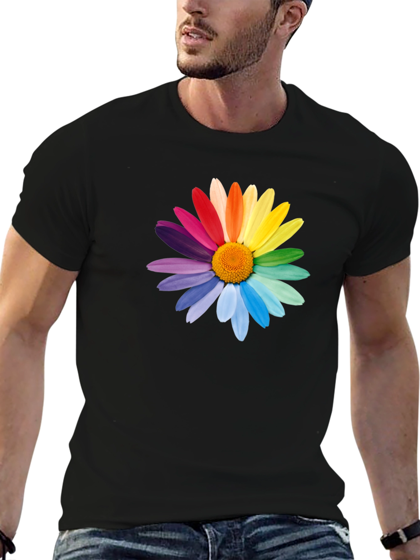 Rainbow Flower Graphic T-Shirt - Black Cotton Tee