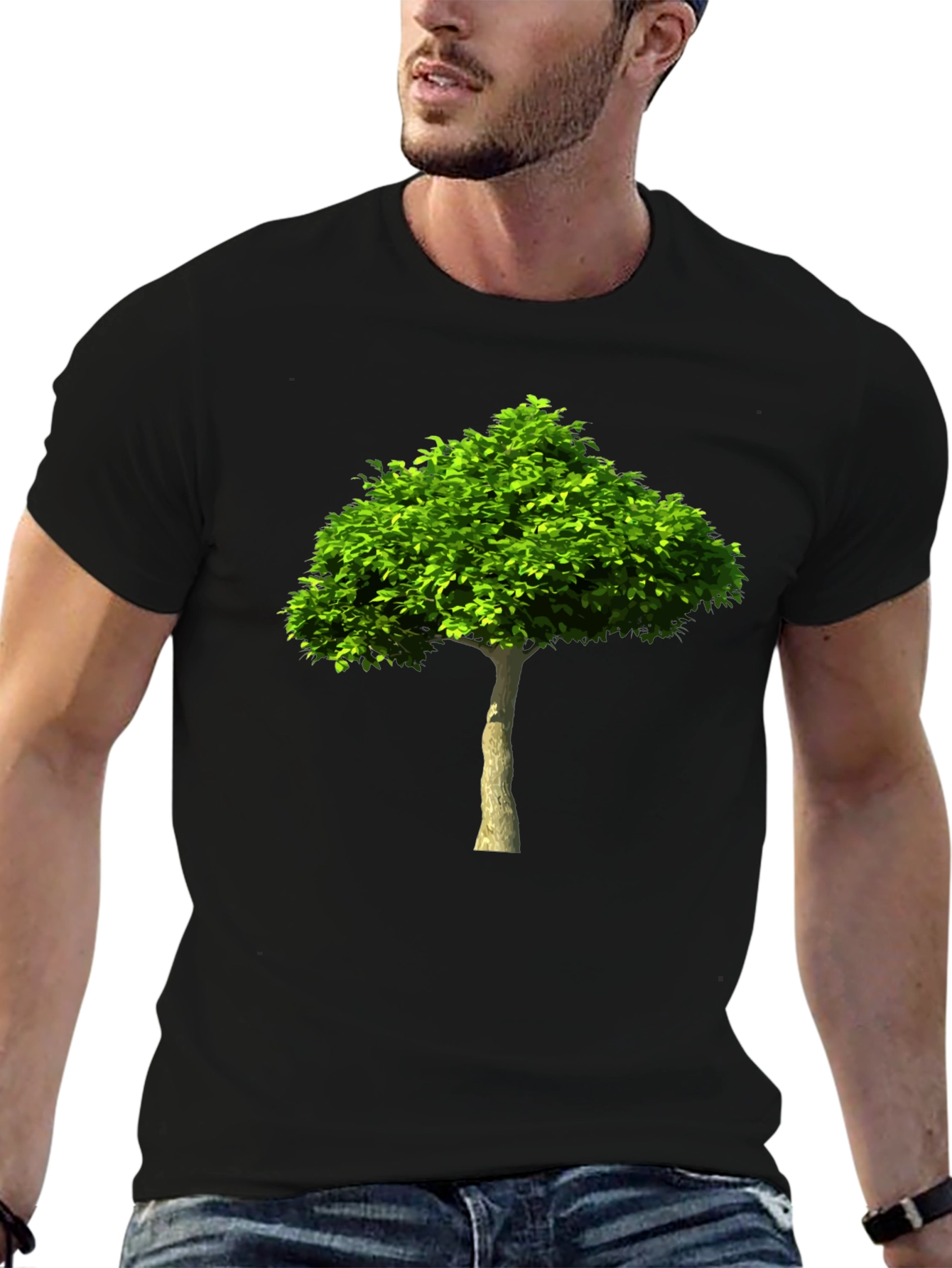 Green Tree Graphic Print Black T-Shirt