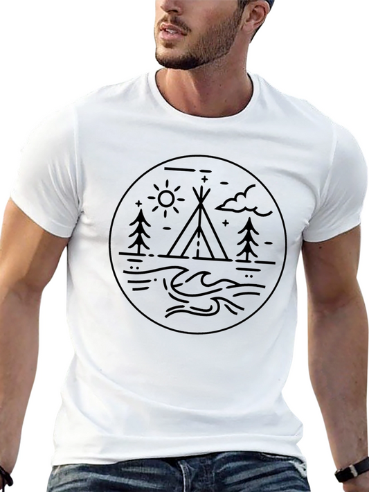 Outdoor Adventure Tee - Camping Tent Sun Trees Design
