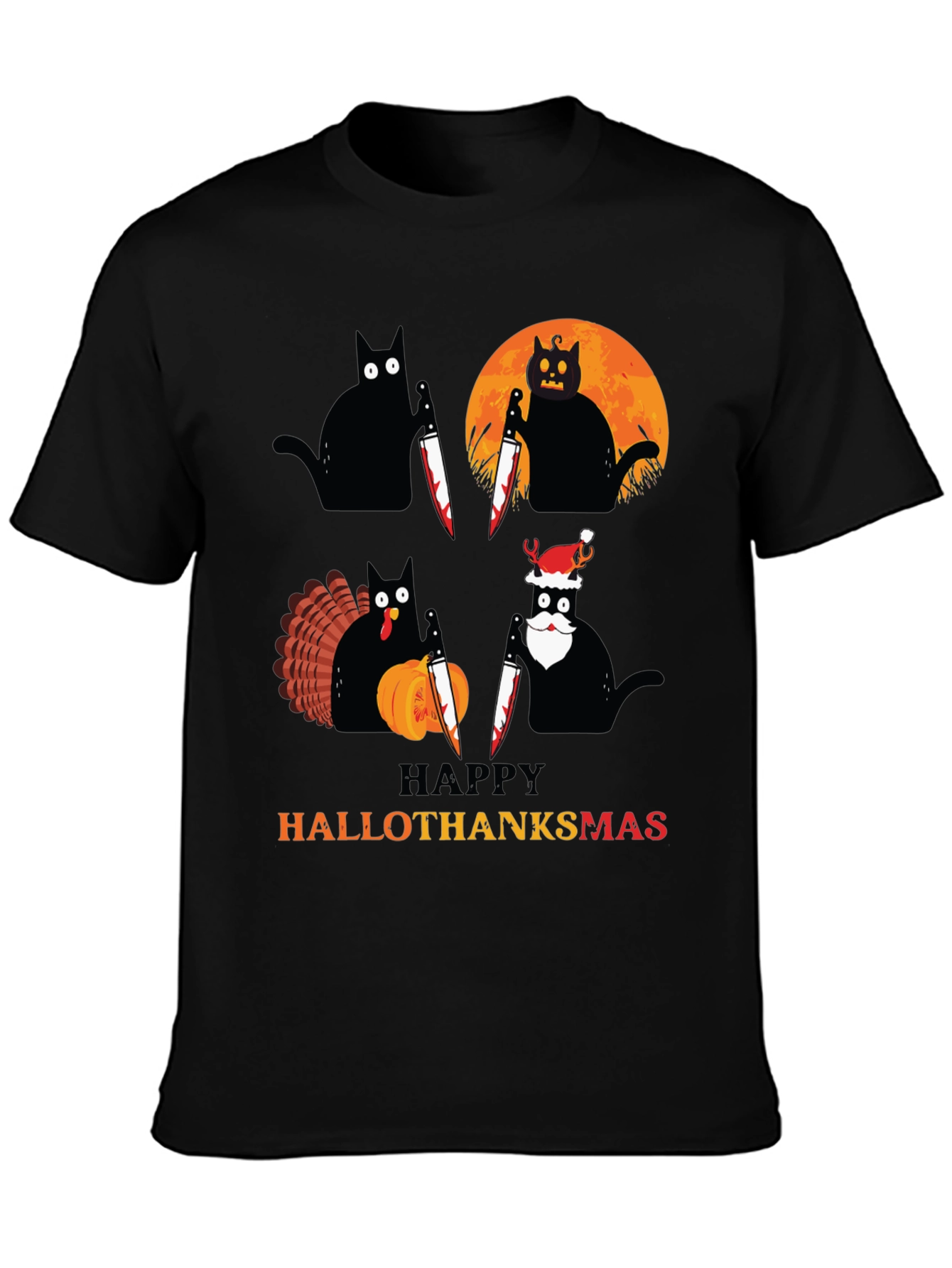 Happy HalloThanksmas Black Cat Holiday T-Shirt