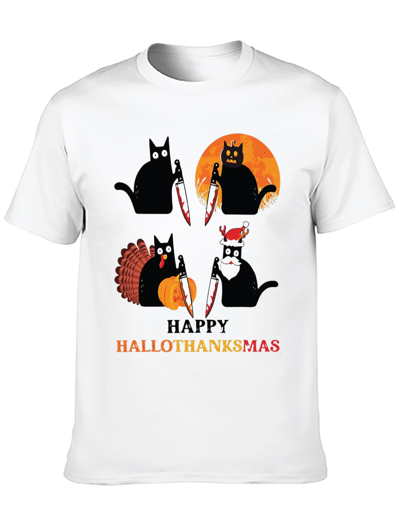 Happy HalloThanksmas Black Cat Holiday T-Shirt