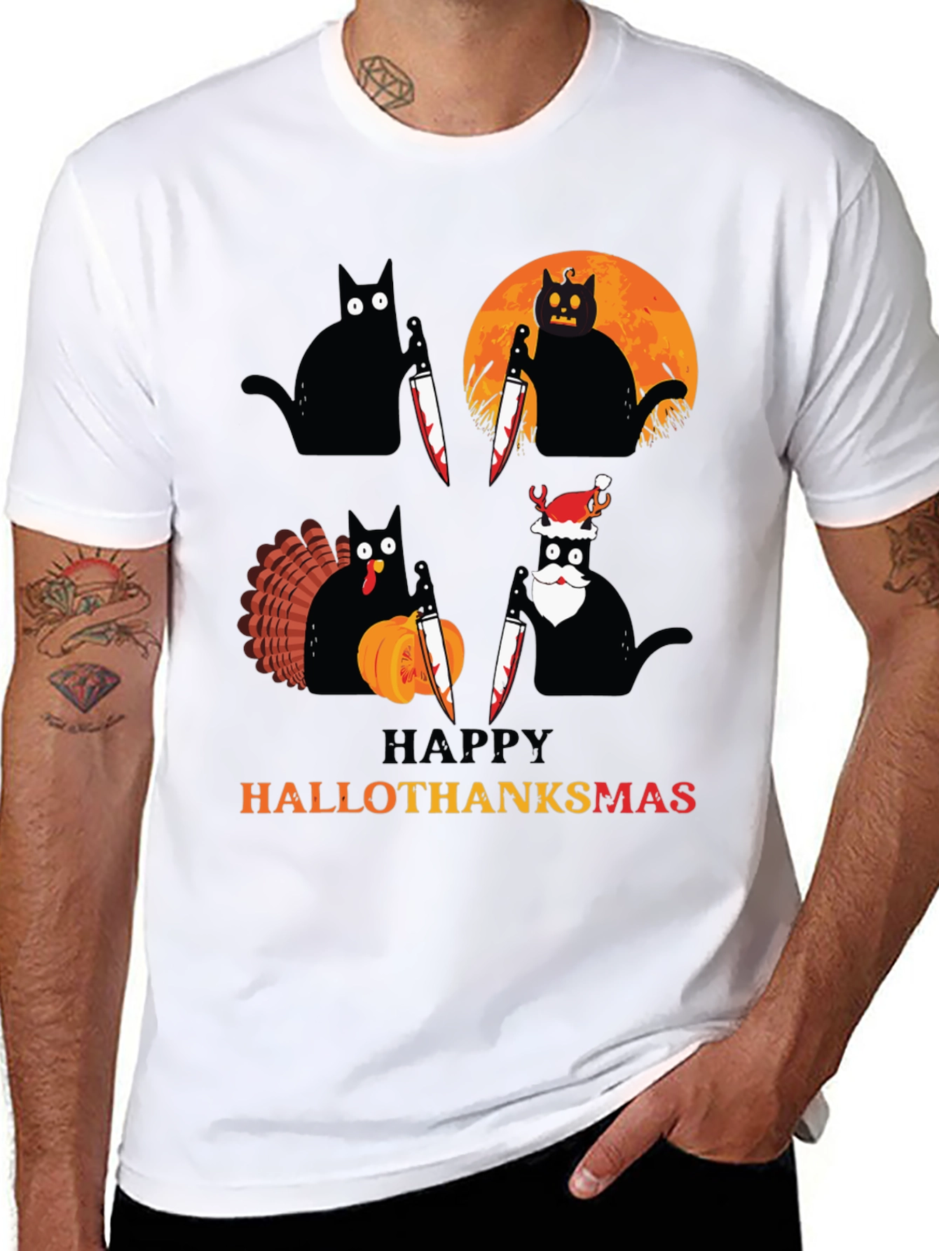 Happy HalloThanksmas Black Cat Holiday T-Shirt