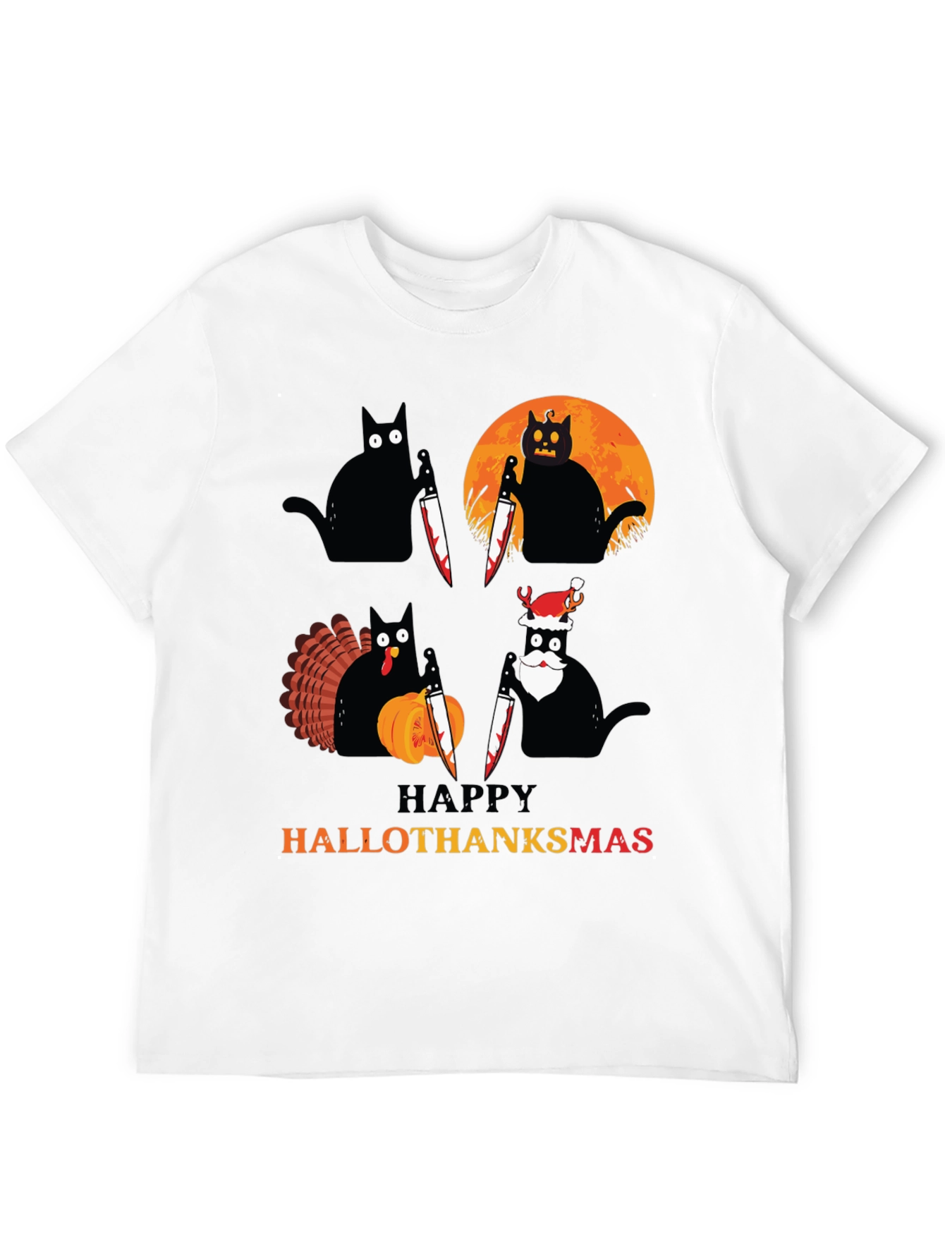 Happy HalloThanksmas Black Cat Holiday T-Shirt