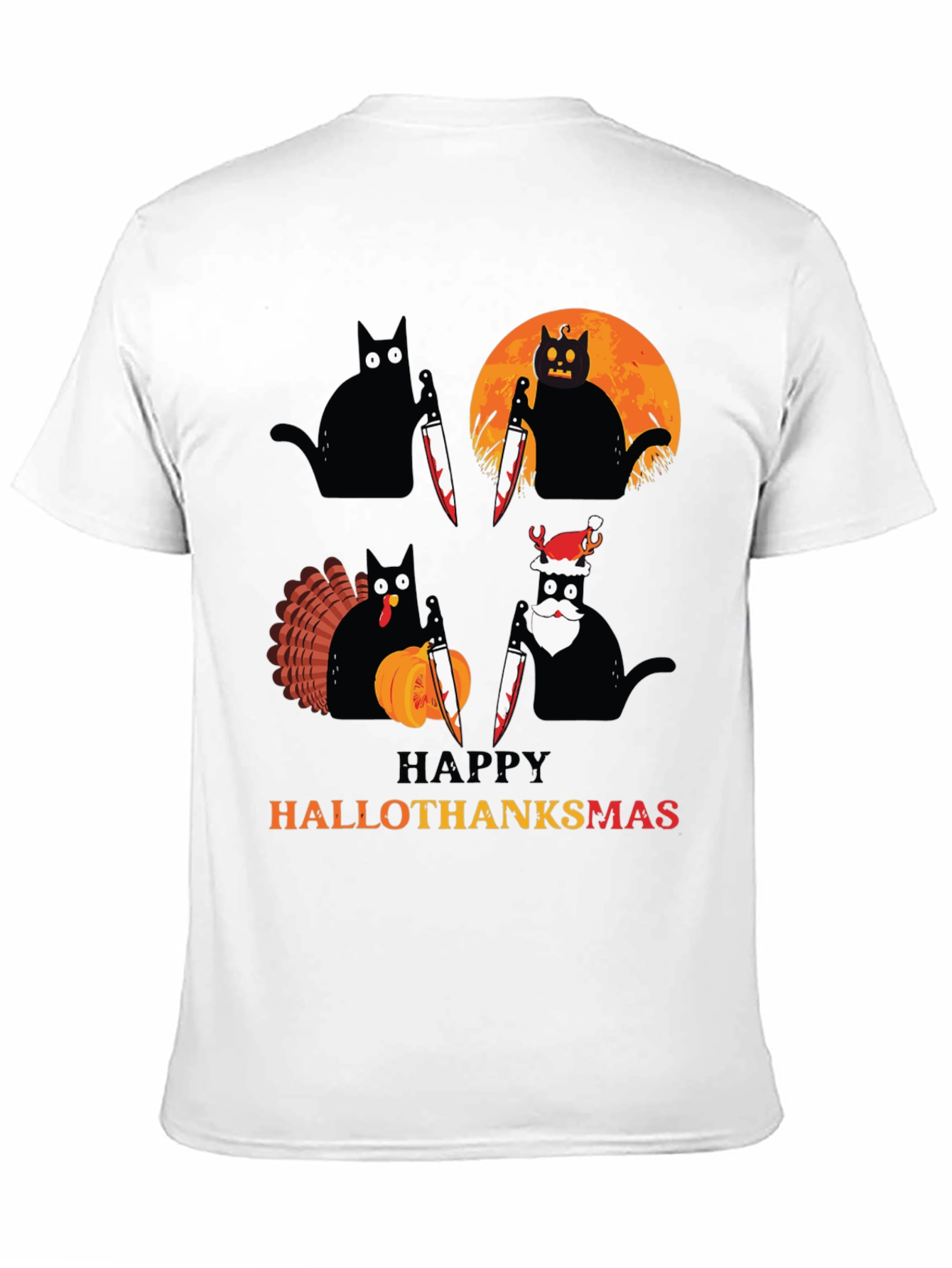 Happy HalloThanksmas Black Cat Holiday T-Shirt