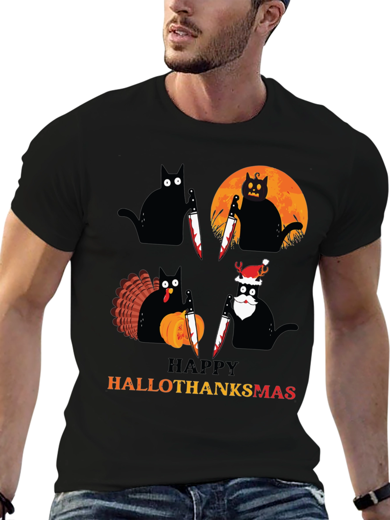 Happy HalloThanksmas Black Cat Holiday T-Shirt