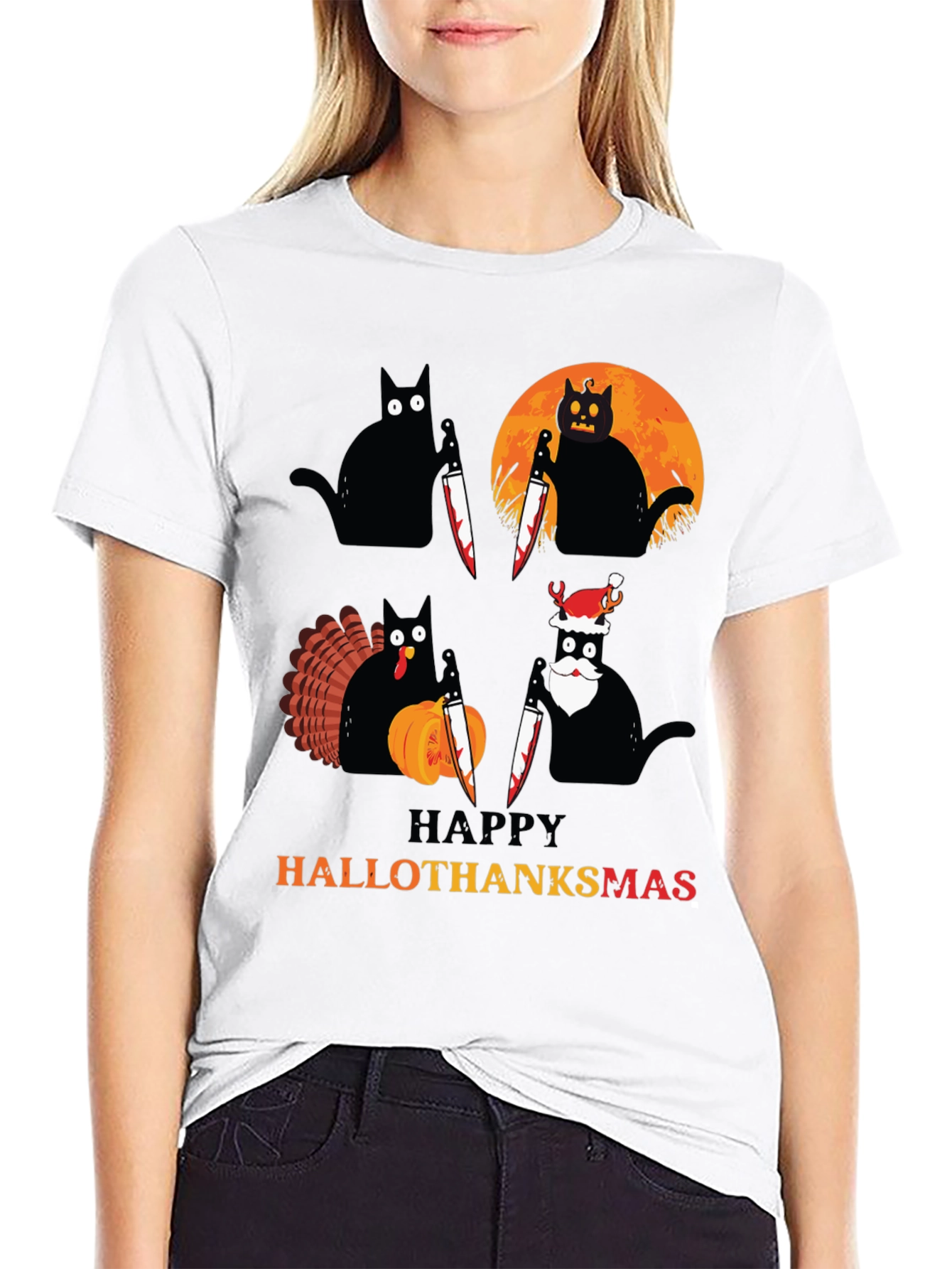 Happy HalloThanksmas Black Cat Holiday T-Shirt