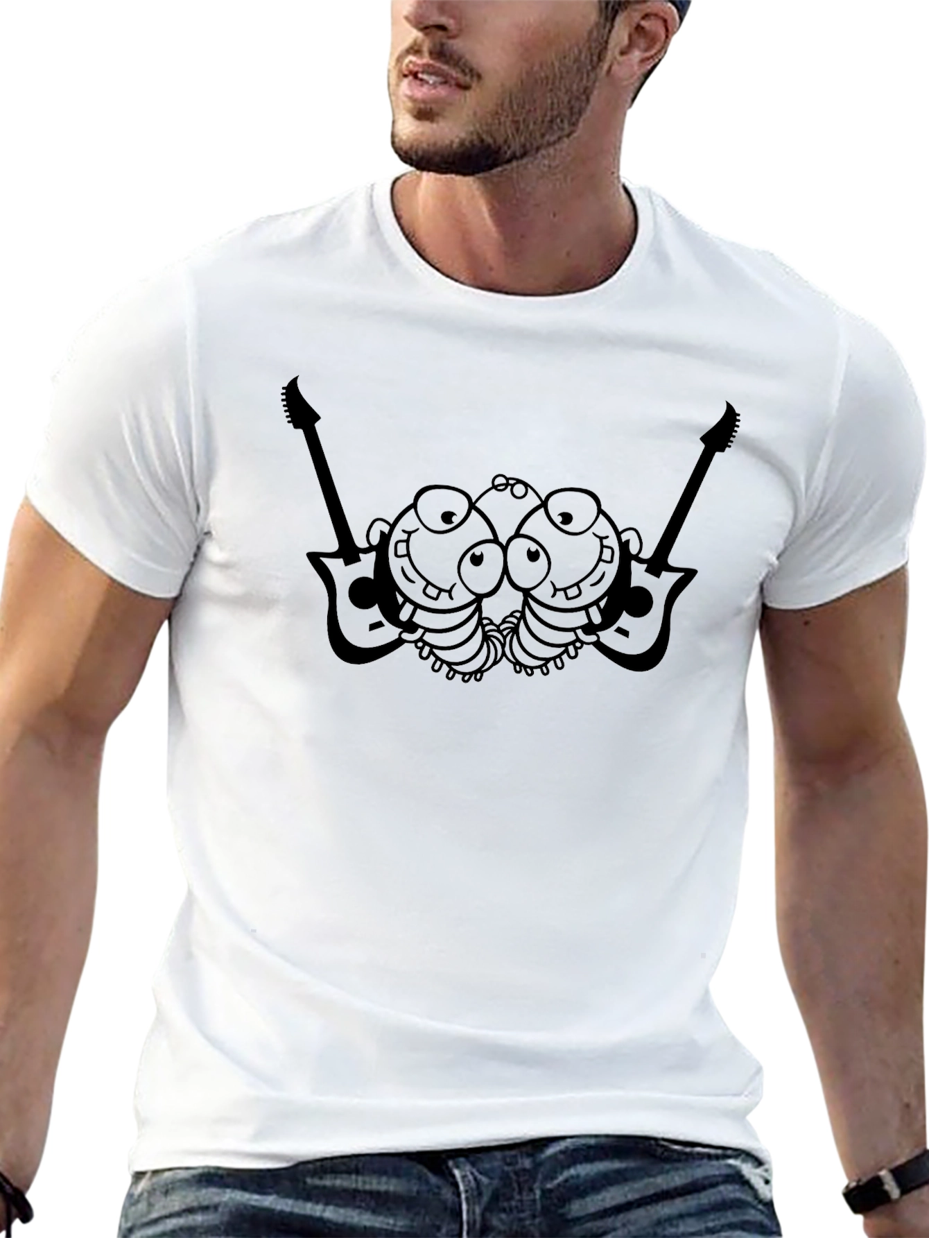 Black T-Shirt with Cartoon Guitar Players