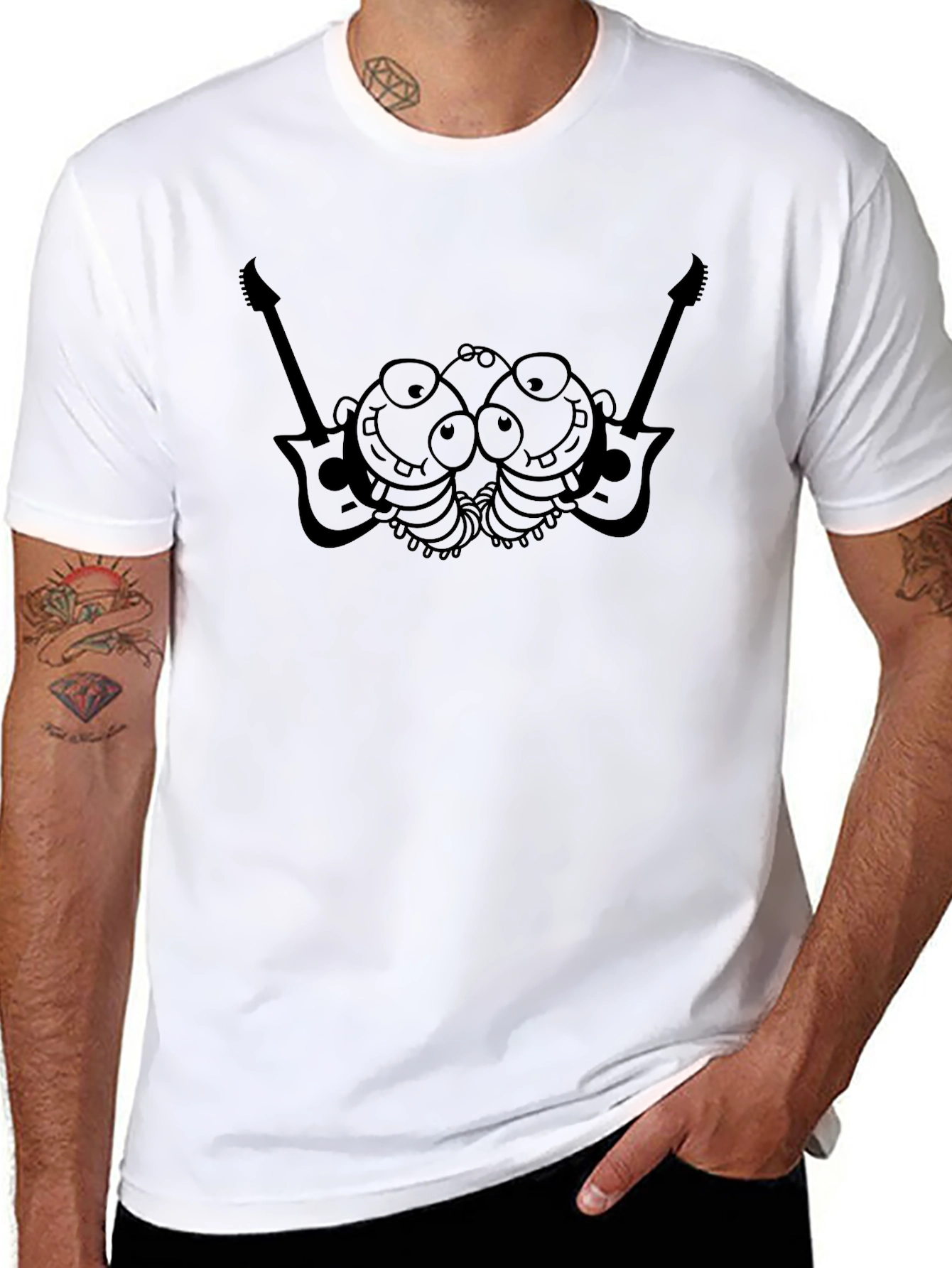 Black T-Shirt with Cartoon Guitar Players