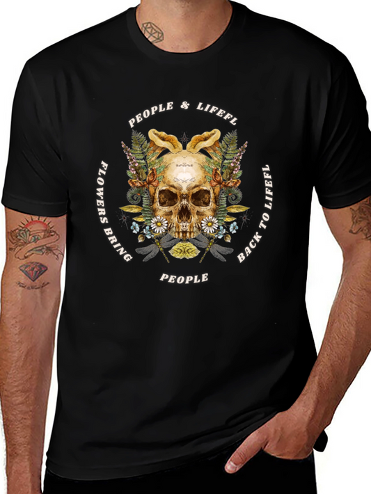 Skull & Floral Graphic Print T-Shirt - Unisex Cotton Tee