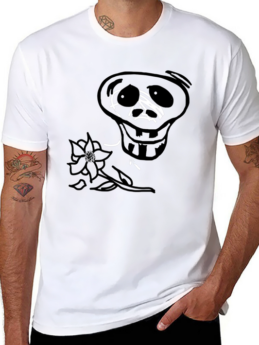 Black Graphic Tee - Skull & Flower Design