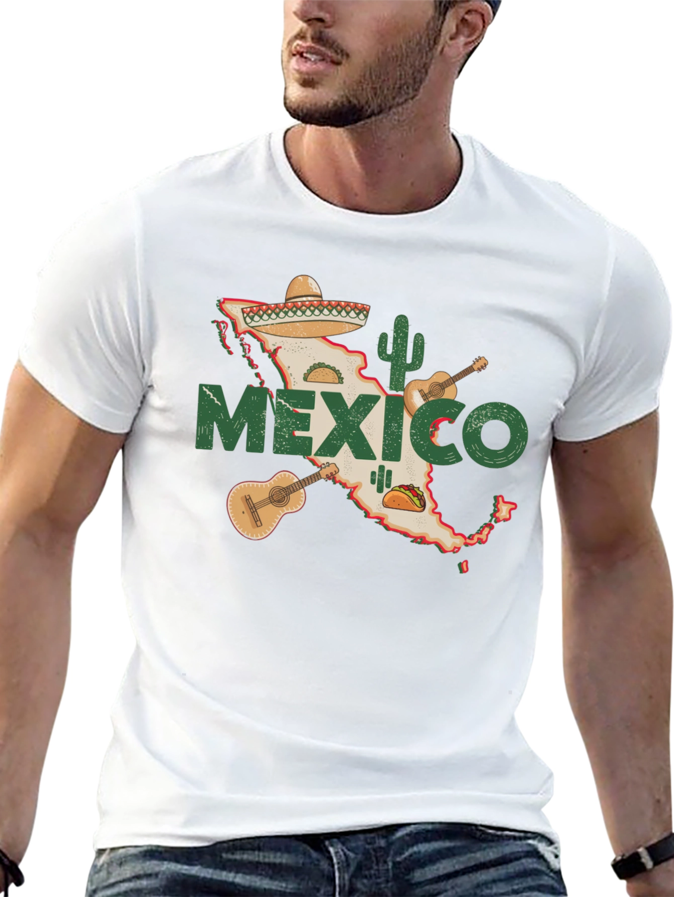 Mexico Map T-Shirt: Cactus Guitar Sombrero Design
